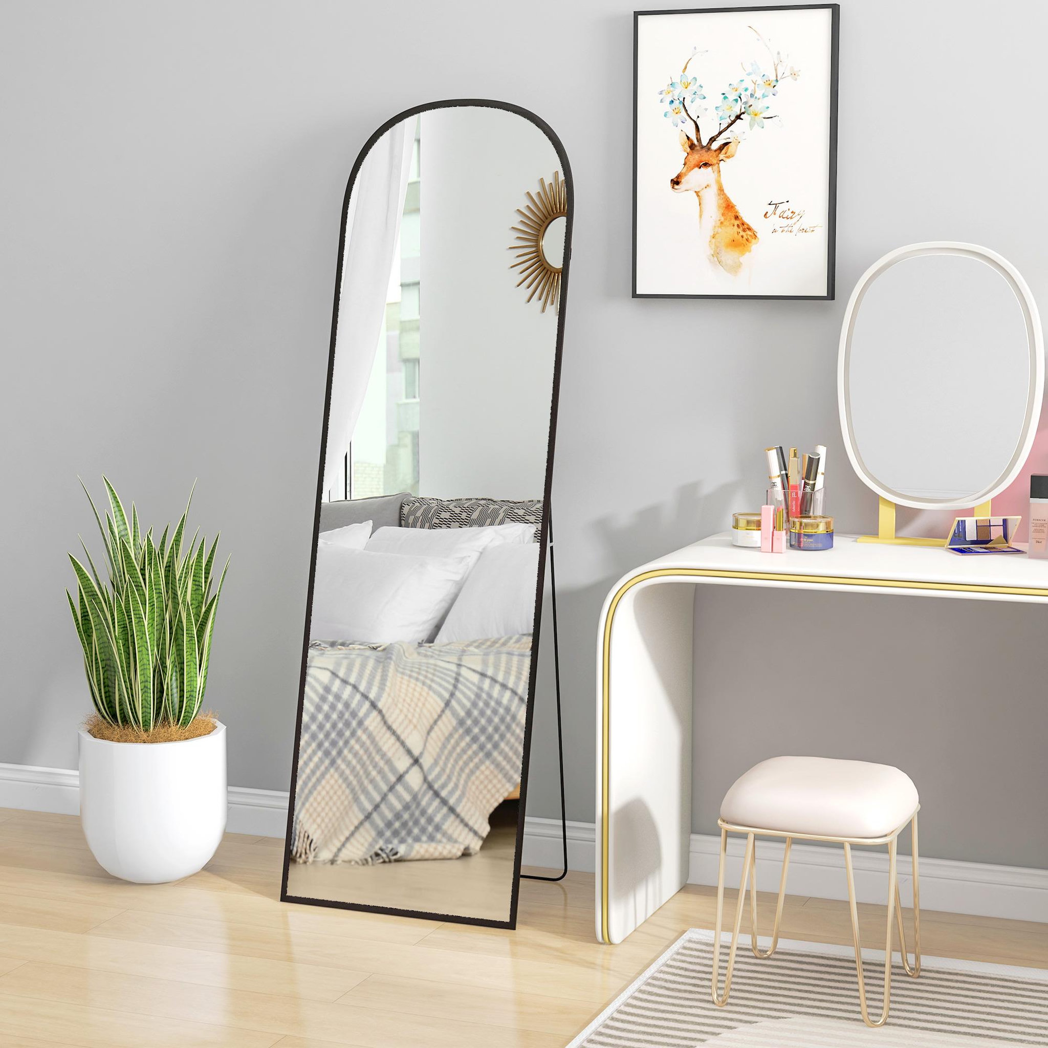 Voir la diapositive 5 : HOMCOM Miroir sur pied - miroir mural rectangulaire arrondi - dim. 50L x 161,5H cm - alu. noir