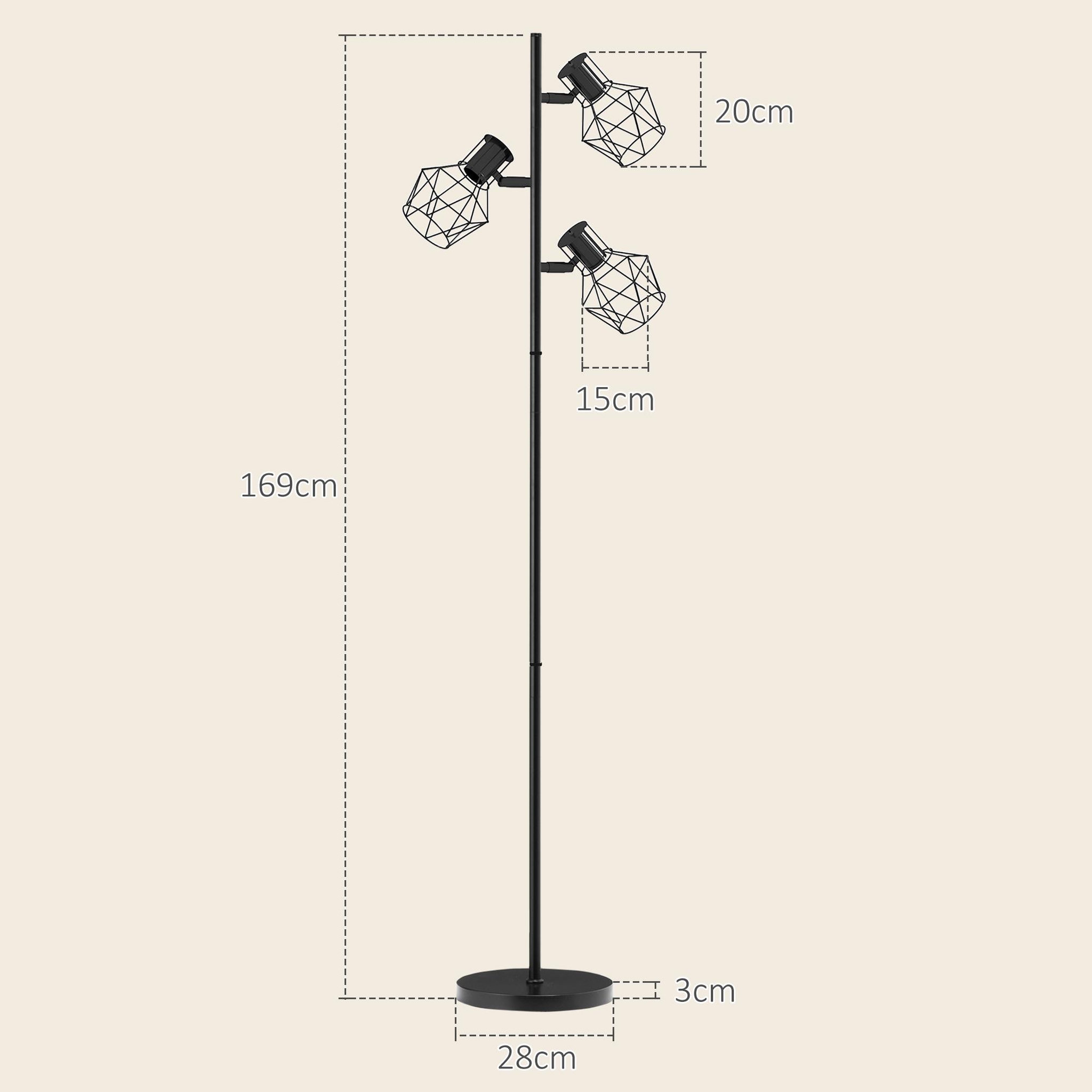 Voir la diapositive 3 : HOMCOM Lampadaire design industriel 3 ampoules max. 40w h.169 cm abat-jour cage métal noir