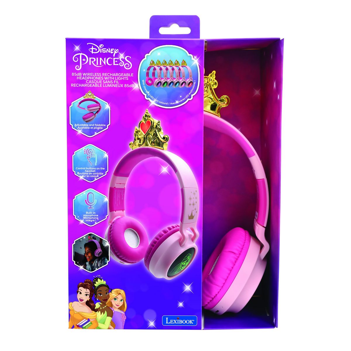 Lexibook Casque lumineux pliable Bluetooth et filaire Princesses Disney avec limitation du volume