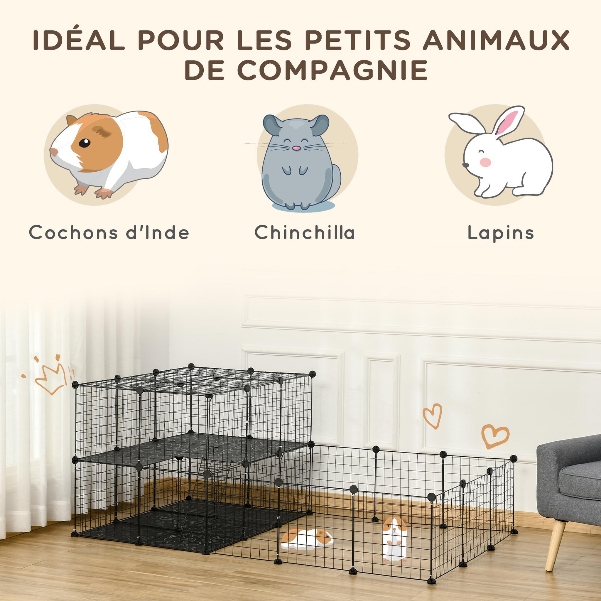 Voir la diapositive 5 : PAWHUT Cage parc enclos rongeurs modulable dim. L 175 x l 105 x h 70 cm 2 niveaux 2 portes rampe résine pp fil métallique noir
