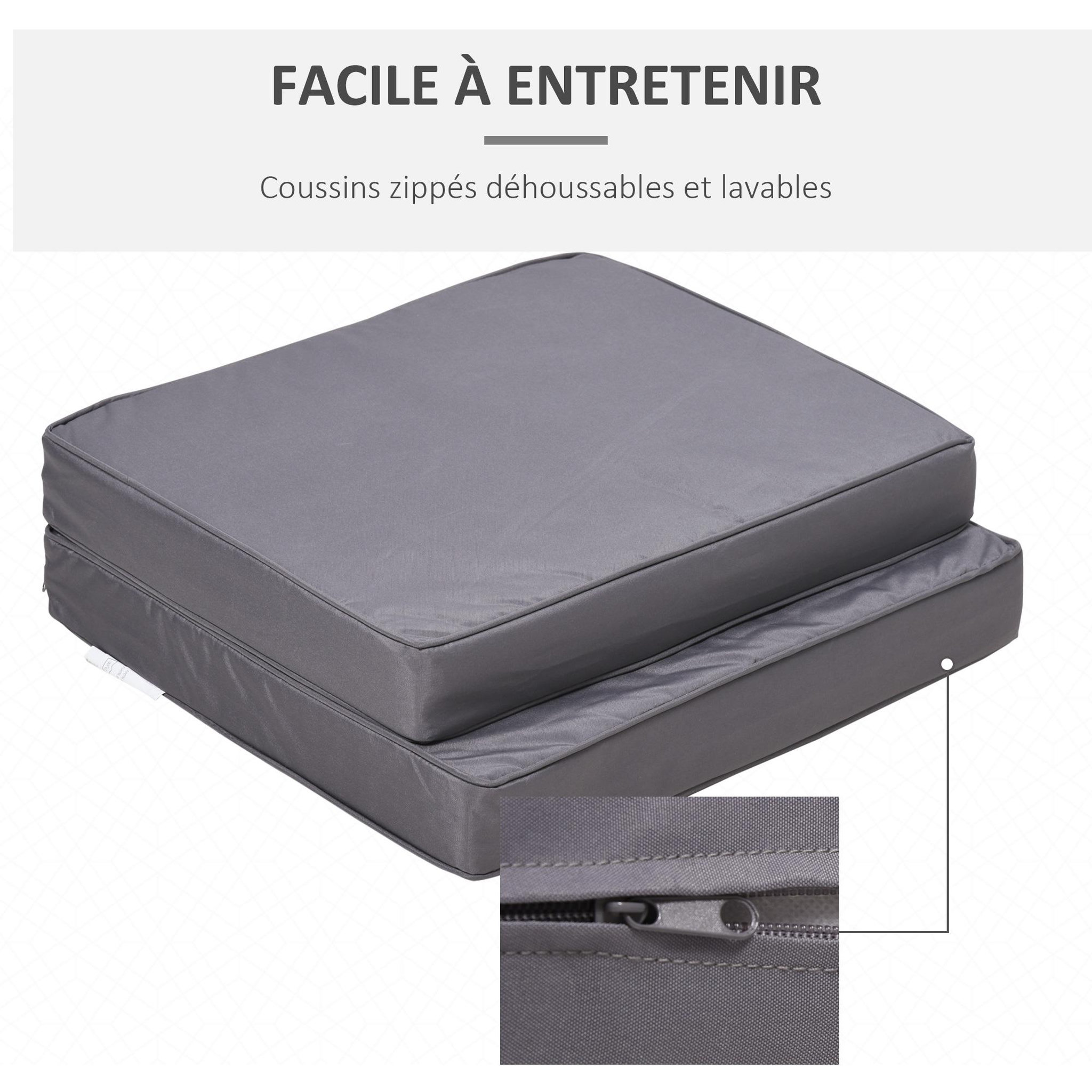 Voir la diapositive 6 : OUTSUNNY Coussins de fauteuil de jardin zippés déhoussables - galettes de chaise de jardin - épais rembourrage 7 cm - polyester haute densité gris