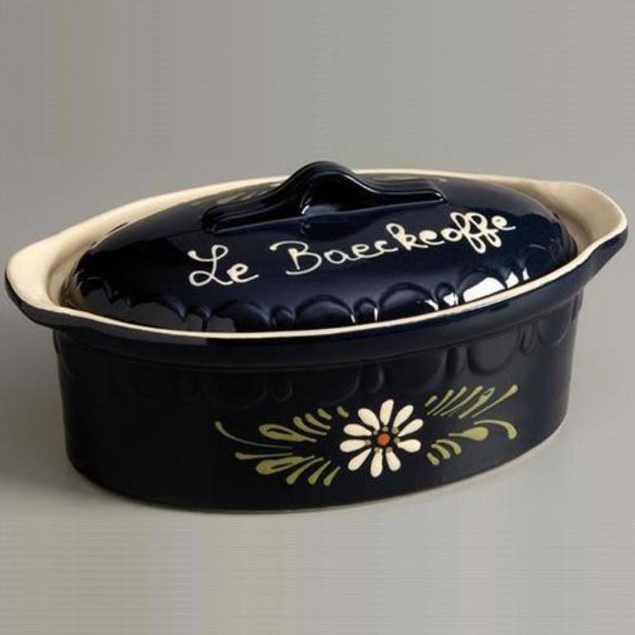 SIEGFRIED Terrine ovale 37cm bleu decor fleurs blanches - 134D6