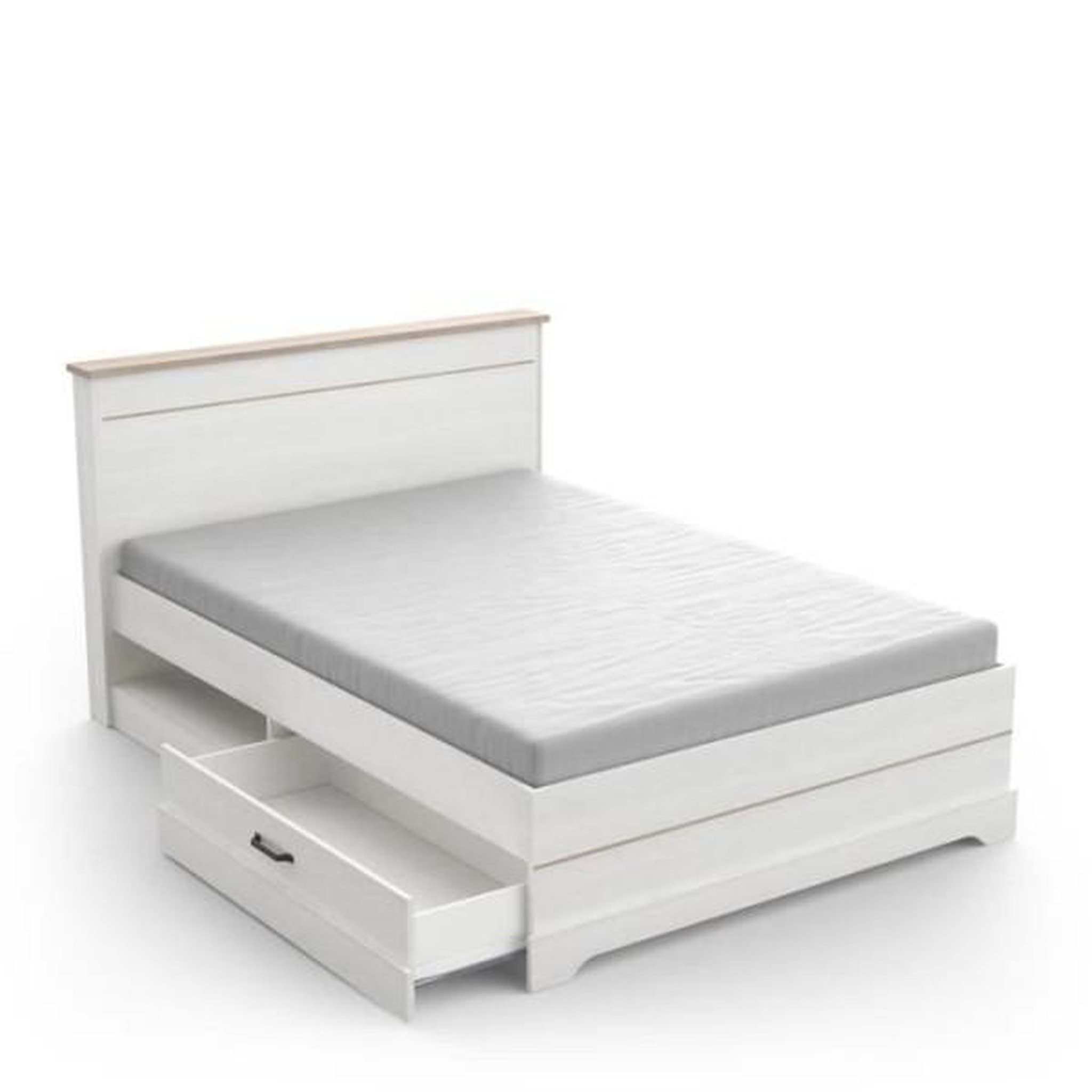 Voir la diapositive 1 : Demeyere Lit adulte COTTAGE 140x190/200 cm - Mélamine blanc et décor chene Kronberg - 2 Tiroirs- L 153,40 x P 214,70 x H 102,20 cm -