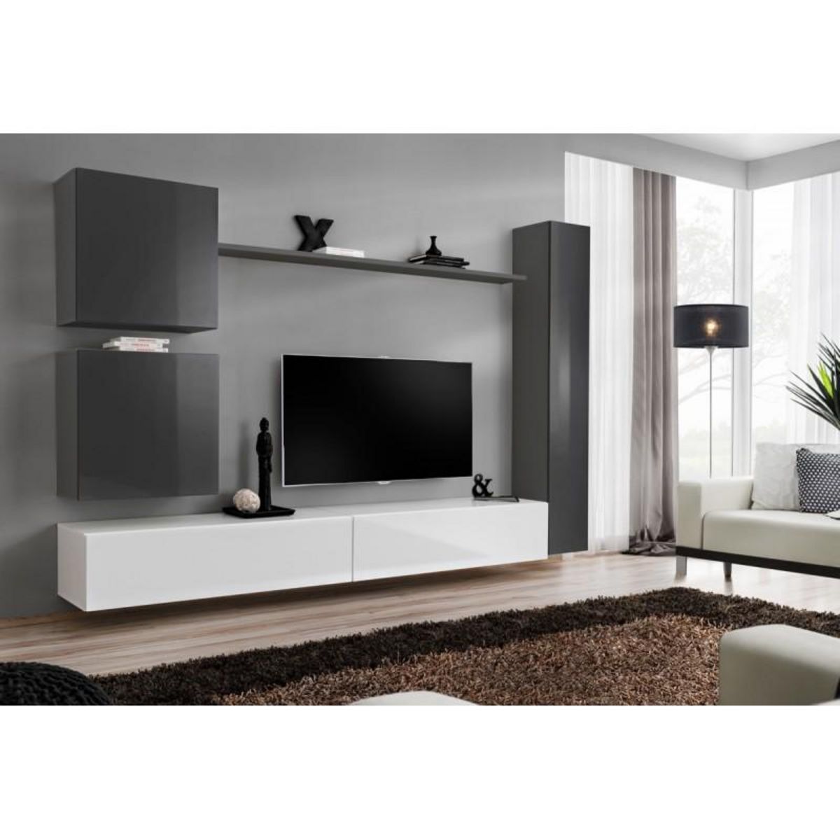 Paris Prix Meuble TV Mural Design  Switch VIII  280cm Gris & Blanc