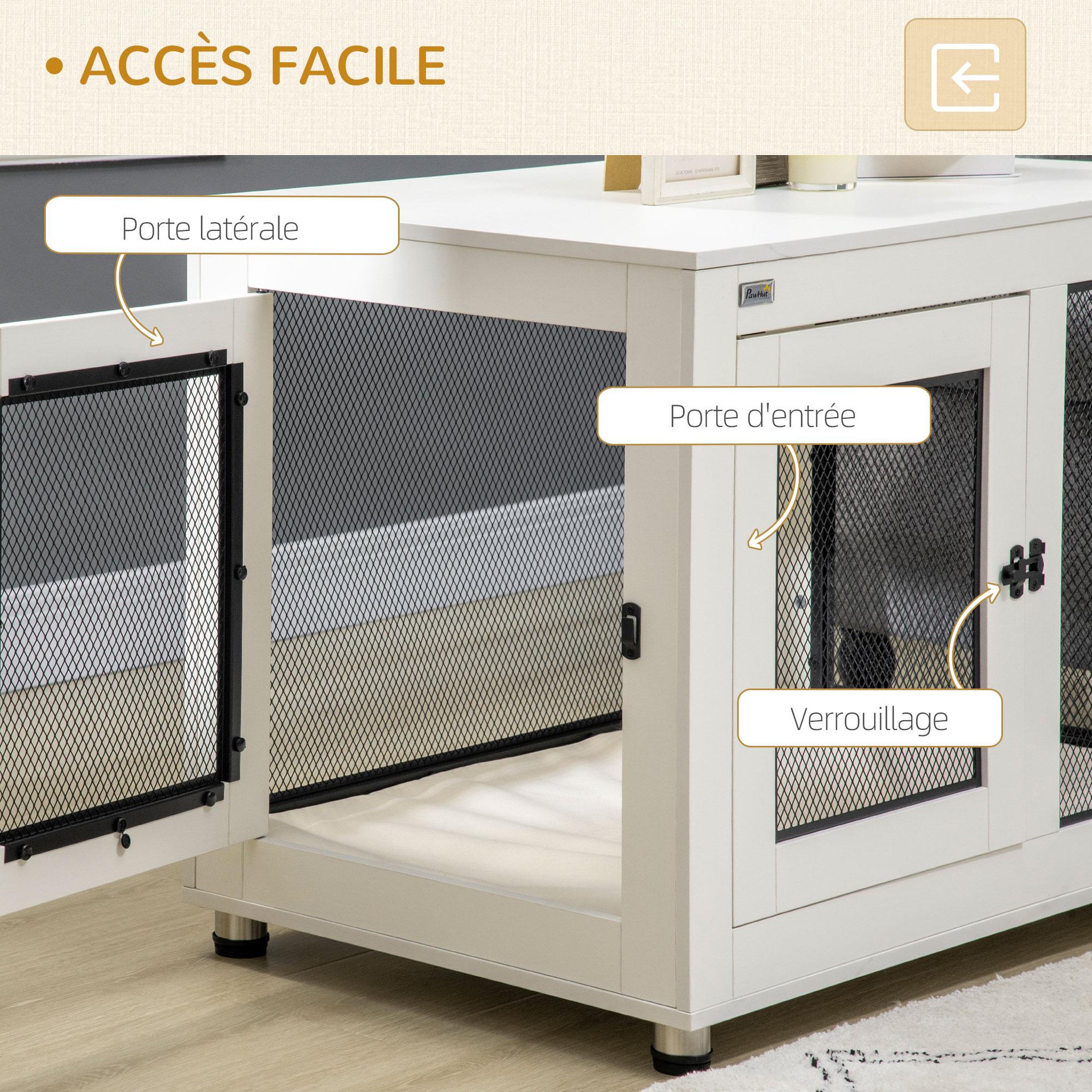 Voir la diapositive 6 : PAWHUT Cage pour chien sur pied style industriel - 2 portes verrouillables, coussin inclus - acier maillé noir panneaux aspect bois blanc