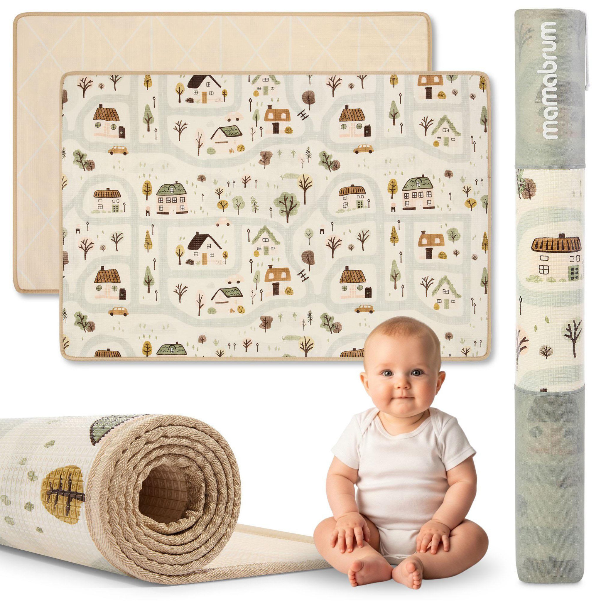 MAMABRUM Tapis Eveil Mousse XPE Mamabrum Tapis Bebe Reversible 180x120 cm Ville Beige 0+