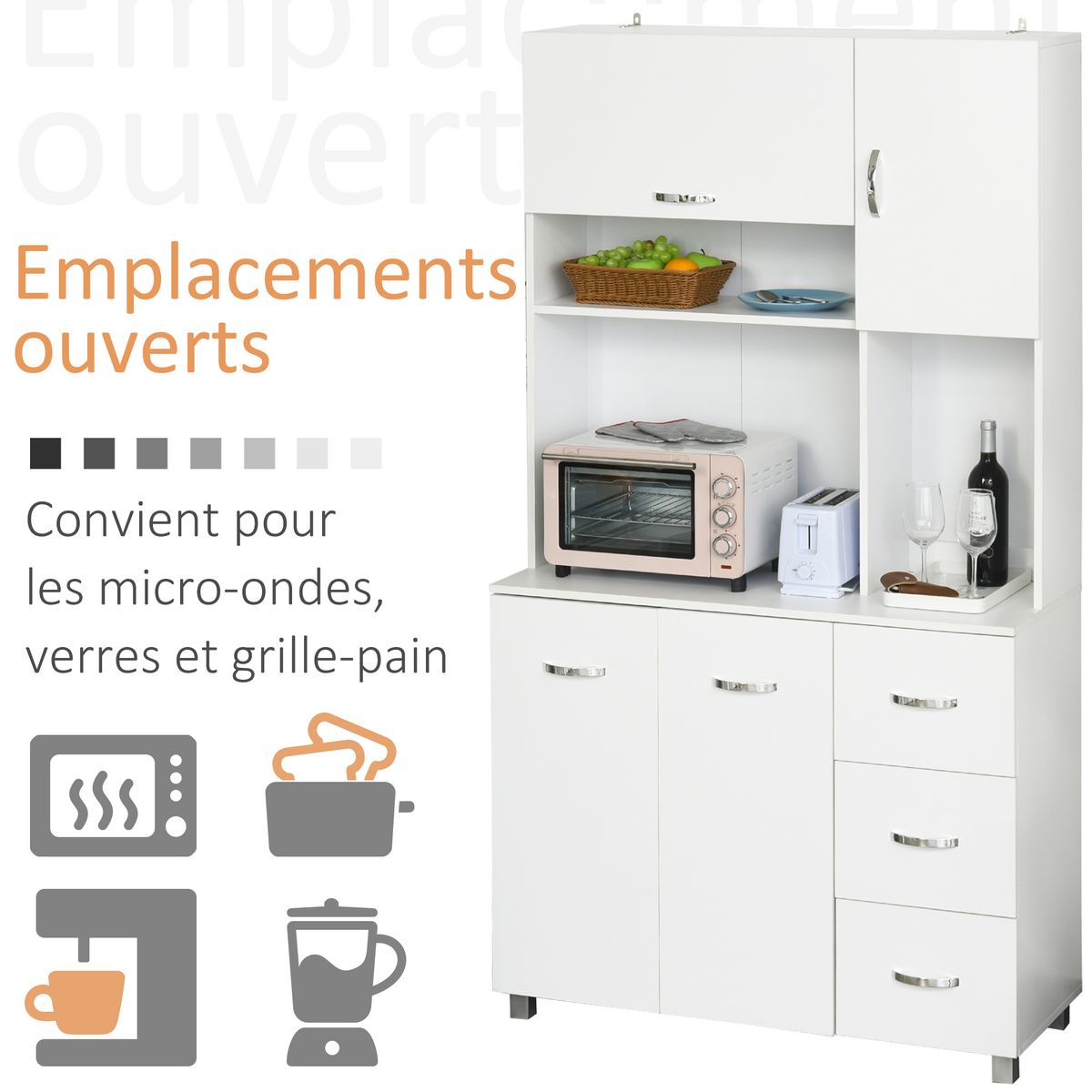 HOMCOM HOMCOM Armoire de cuisine multi-rangements 4 portes 3 tiroirs étagère + grand plateau 100L x 39l x 183H cm MDF blanc