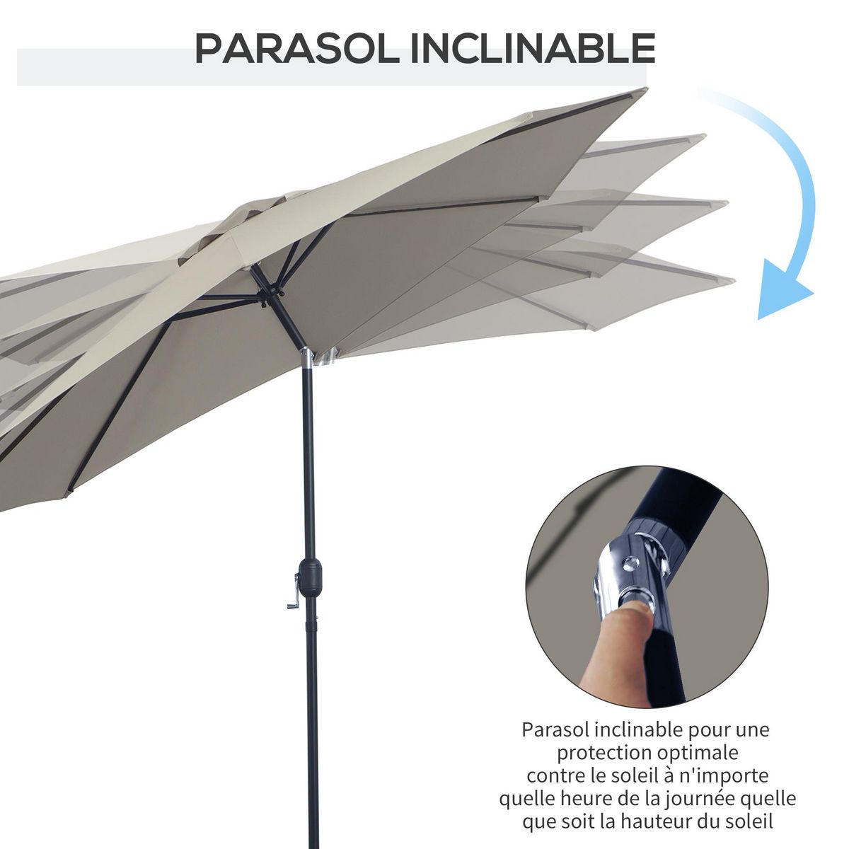 OUTSUNNY Parasol inclinable octogonal Ø 3 x 2,45 m ouverture fermeture par manivelle métal polyester haute densité gris clair
