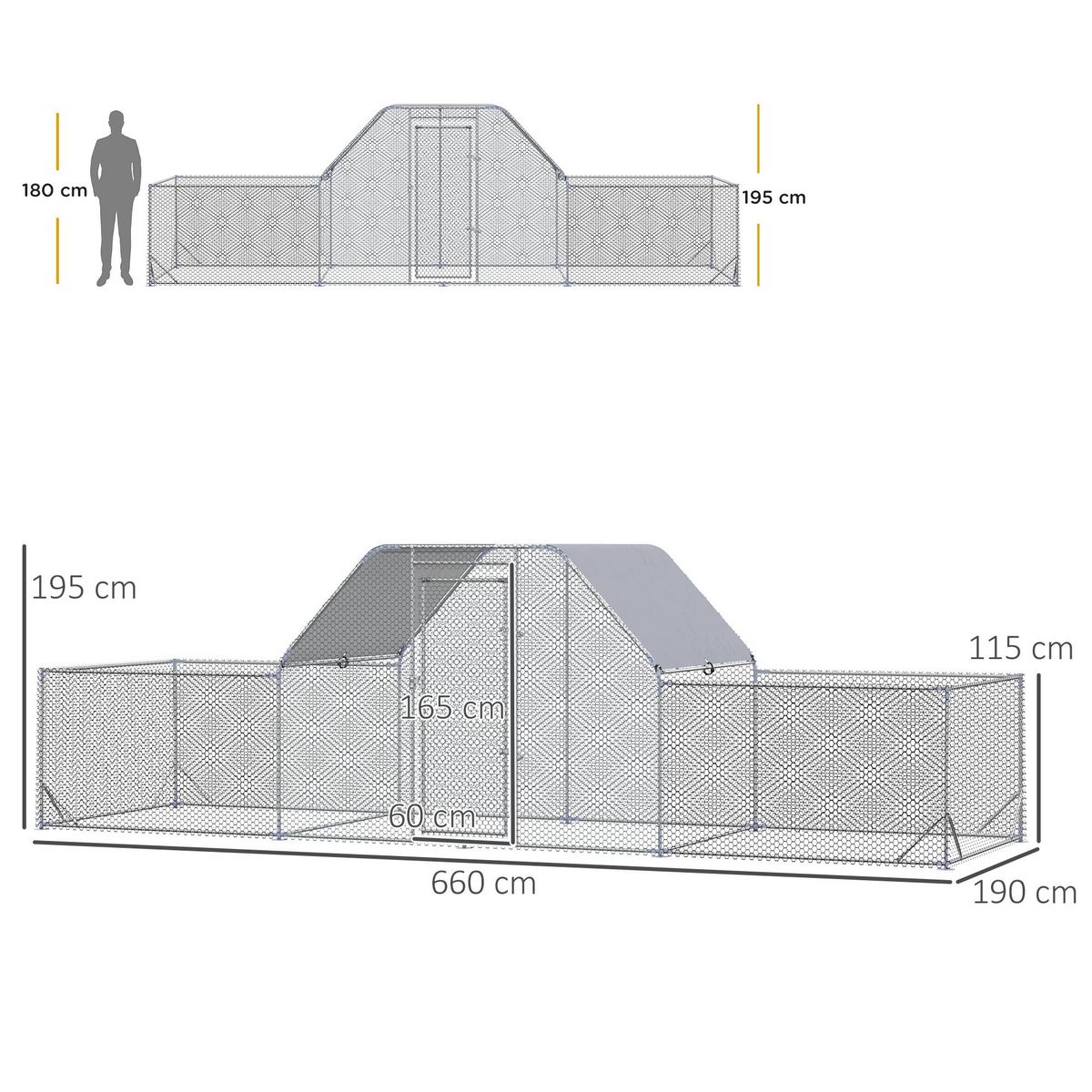 PAWHUT Enclos poulailler chenil 12,54 m² - parc grillagé dim 6,6L x 1,9l x 1,95H m - espace couvert - acier galvanisé