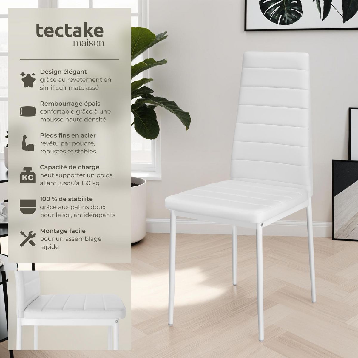 tectake Ensemble de chaises de salle à manger rembourrées avec revêtement aspect cuir blanc Lot de 4