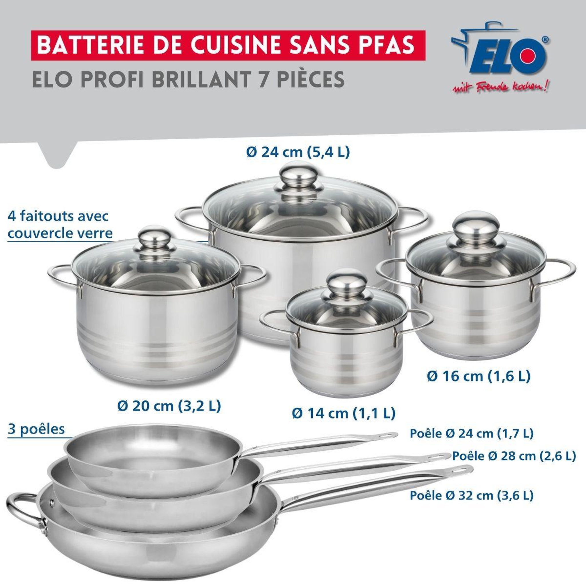 Voir la diapositive 2 : ELO Ensemble de 3 poêles de cuisson 24, 28 et 32 cm et 4 faitouts 14, 16, 20 et 24 cm elo profi brillant