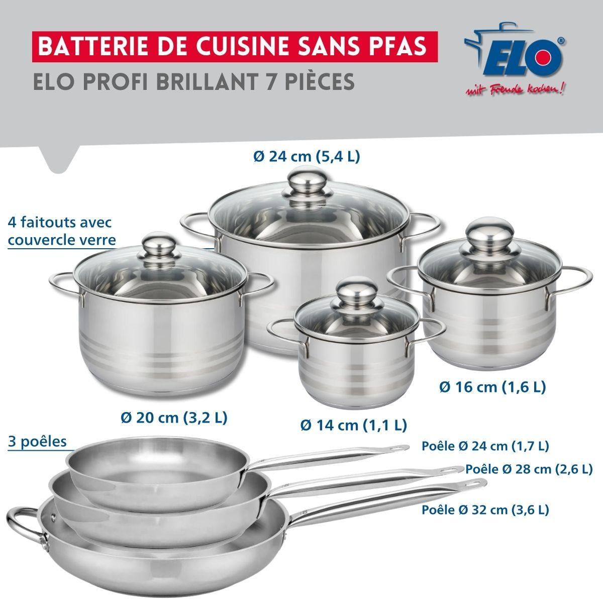 ELO Ensemble de 3 Poêles de cuisson 24, 28 et 32 cm et 4 faitouts 14, 16, 20 et 24 cm Elo Profi Brillant