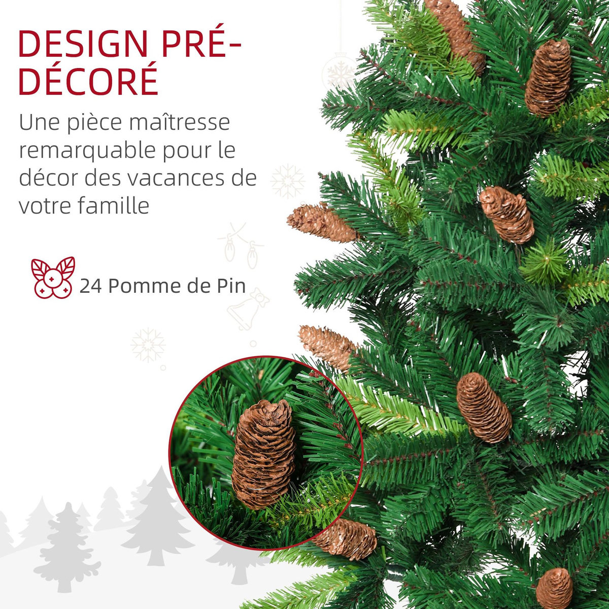 HOMCOM Sapin de Noël artificiel aspect réaliste Ø 60 x 150H cm 24 pommes de pin 360 branches imitation Nordmann