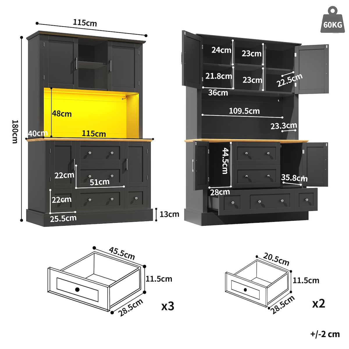 MERAX Buffet de cuisine 4 portes 3 tiroirs - 115 cm noir led mdf