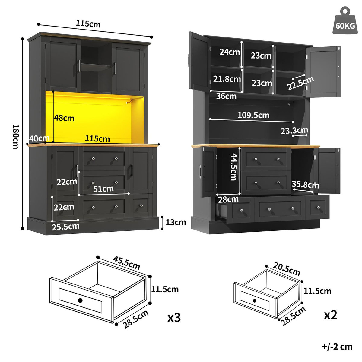 MERAX Buffet de cuisine 4 portes 3 tiroirs - 115 cm noir led mdf