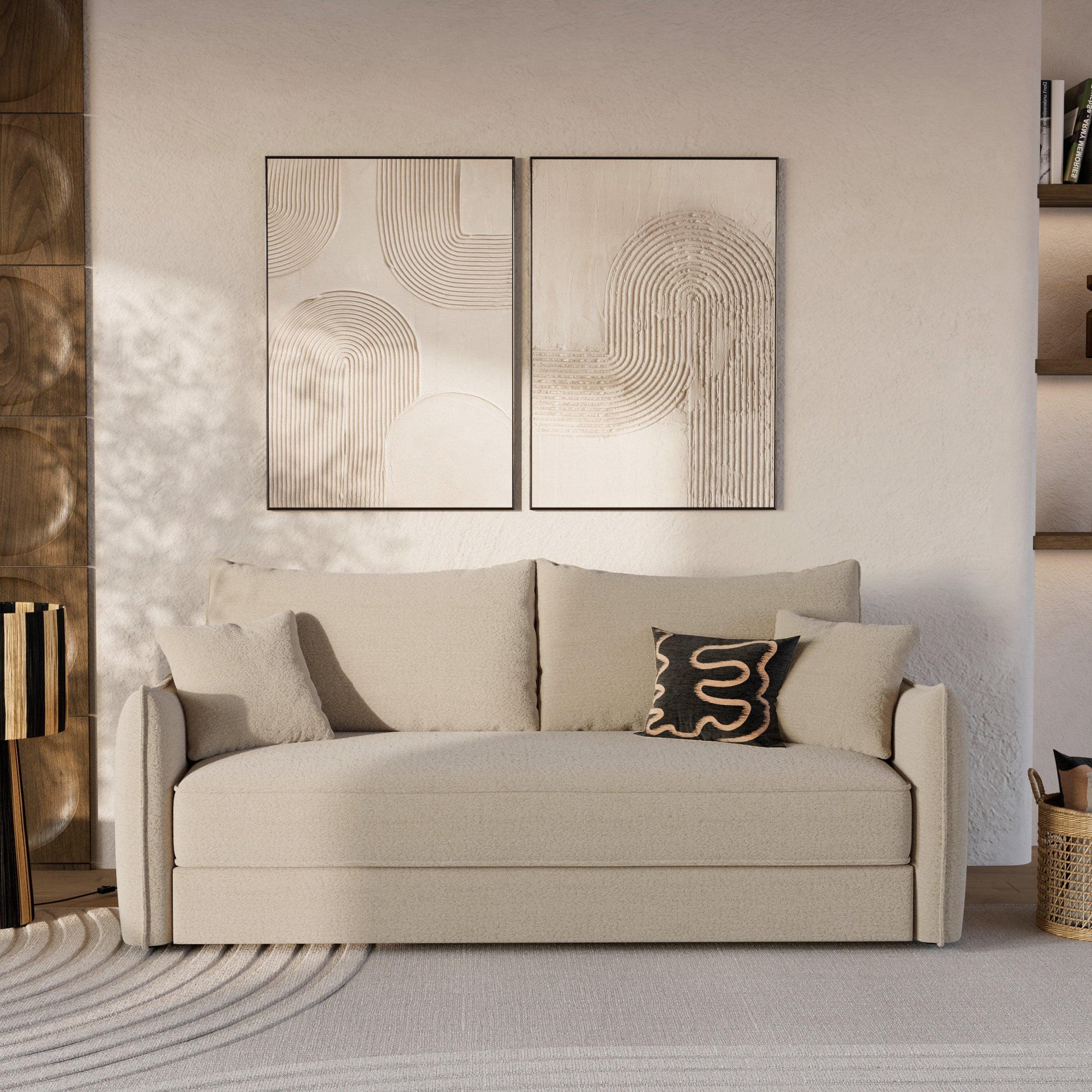 Voir la diapositive 2 : MAISON PAVANE Canapé convertible 3 places en tissu effet lin beige-céleste