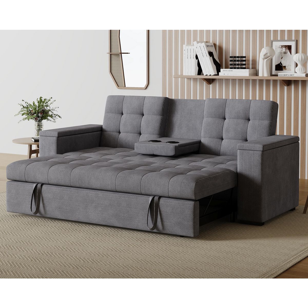 CONCEPT USINE Canapé 3 places convertible gris velours côtelé NOHO