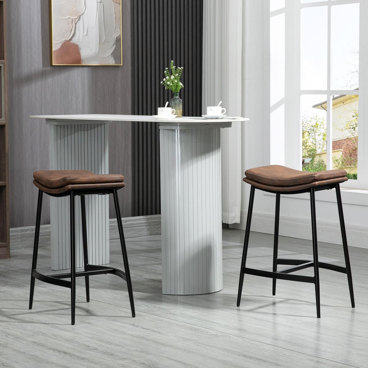 HOMCOM Lot de 2 tabourets de bar Vintage avec repose-pied piètement acier noir assise incurvée tissu marron effet vieilli