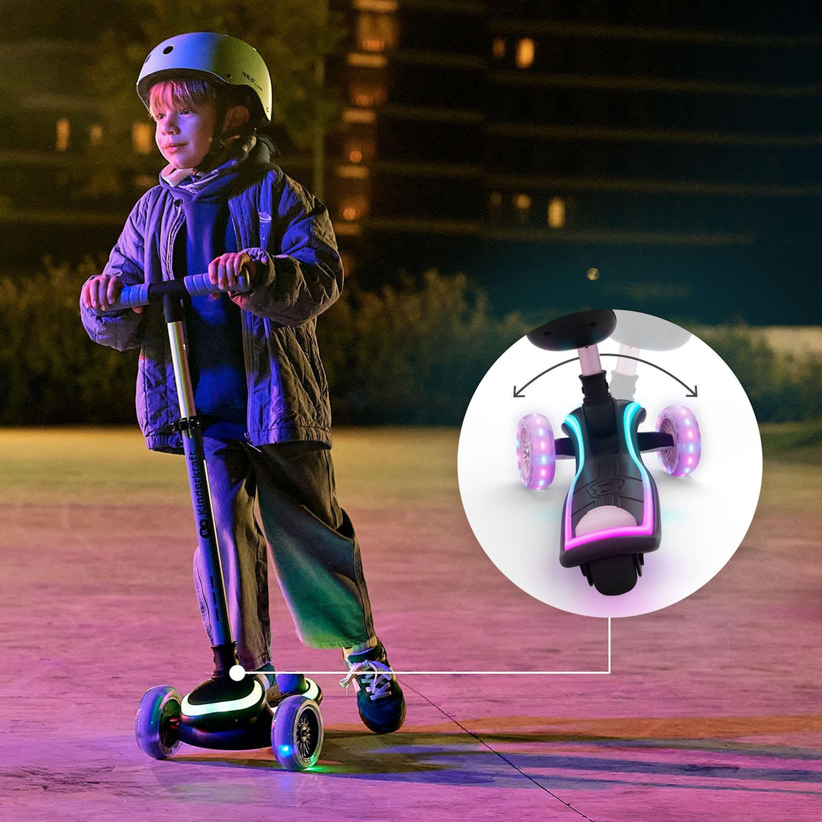 KINDERKRAFT Trottinette Kinderkraft RAKET UP 2-en-1 avec siège réglable, roues RGB LED, plateau lumineux, pliable dès bébé, Rose