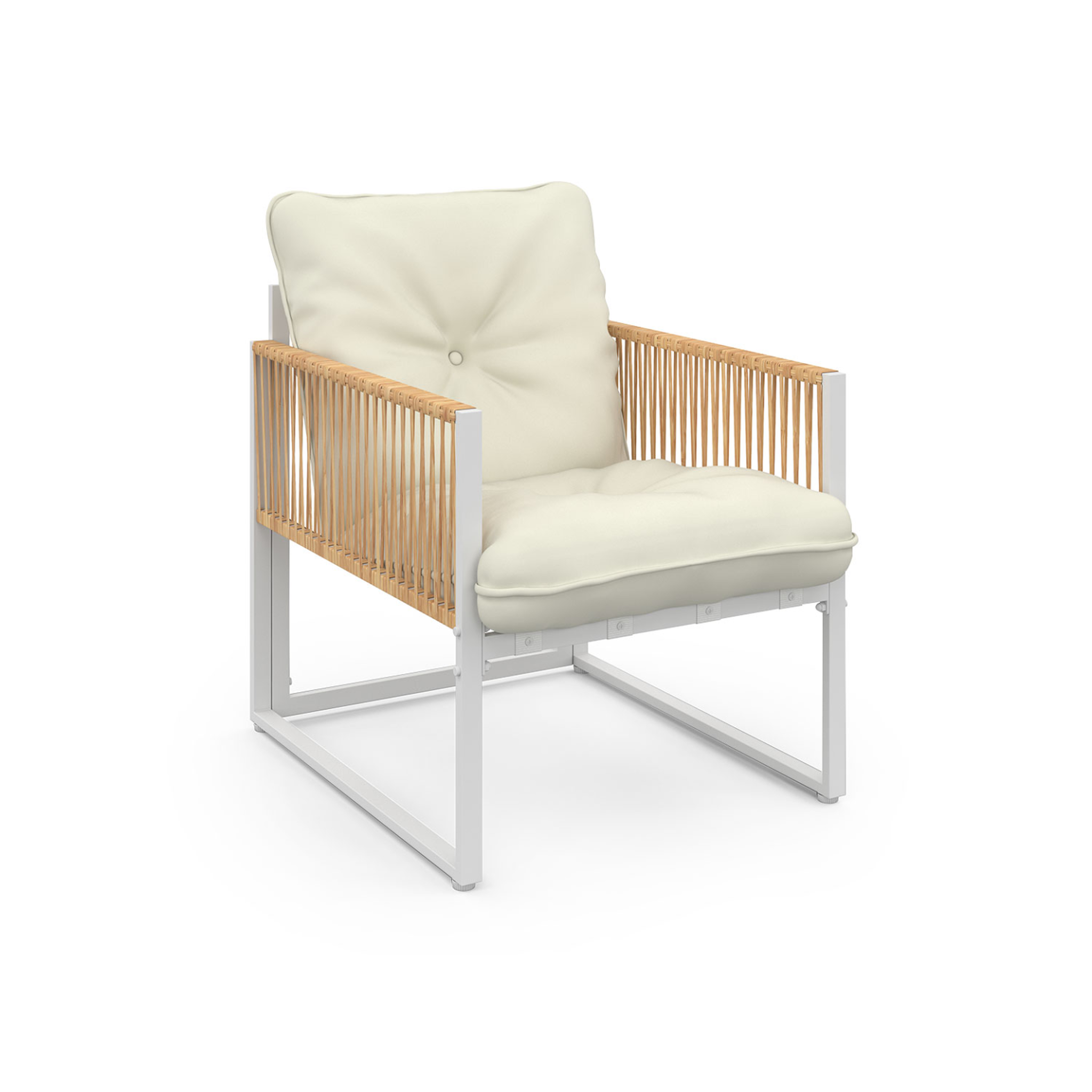 Voir la diapositive 5 : ID MARKET Salon de jardin bas rio 4 places structure métal blanc, cordage effet rotin clair et coussins beiges