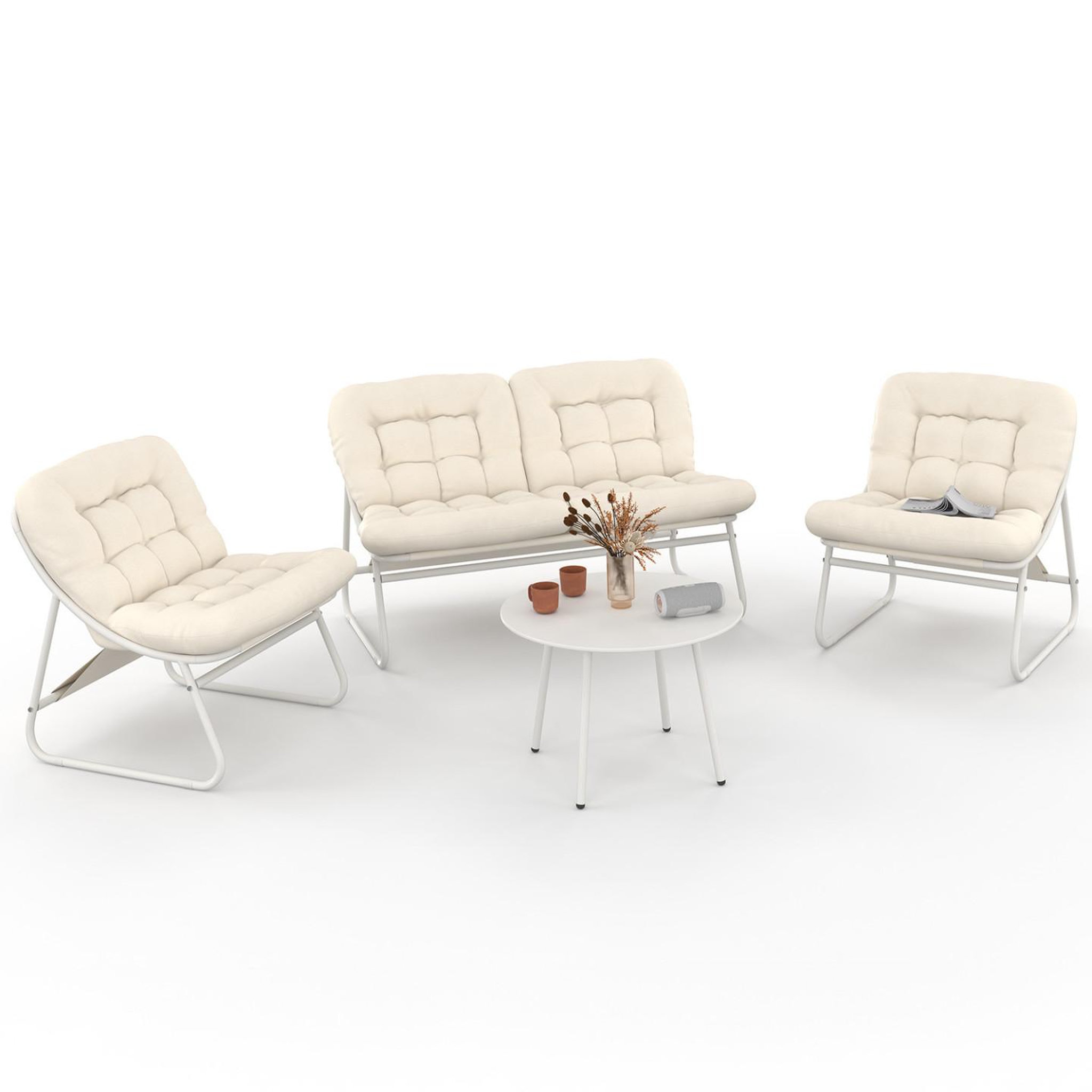 ID MARKET Salon de jardin bas arona 4 places en acier blanc et coussins beiges avec canapé, fauteuils et table