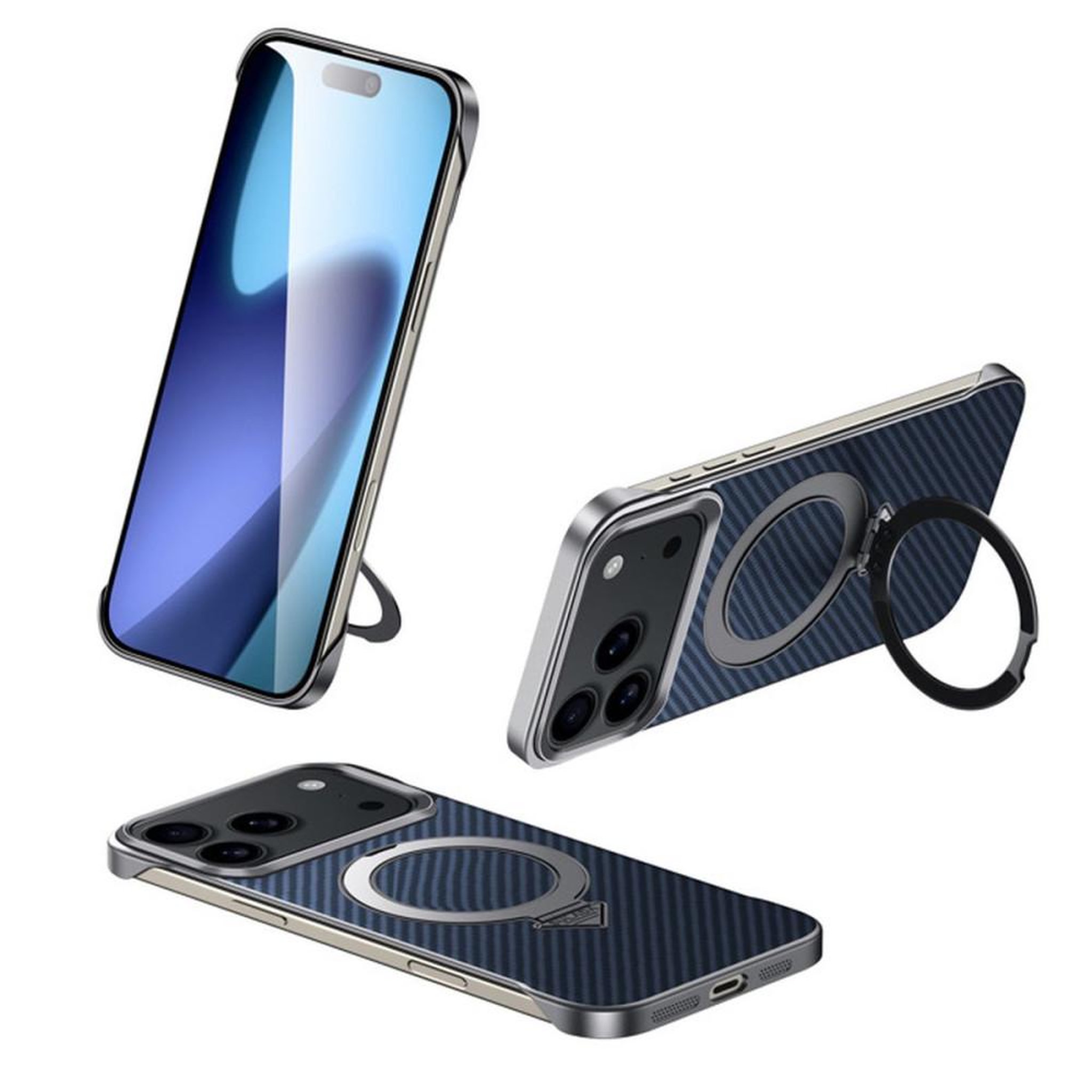 Housse de téléphone iPhone 17 Pro Max magnétique avec support bleu aspect cuir et texture carbone