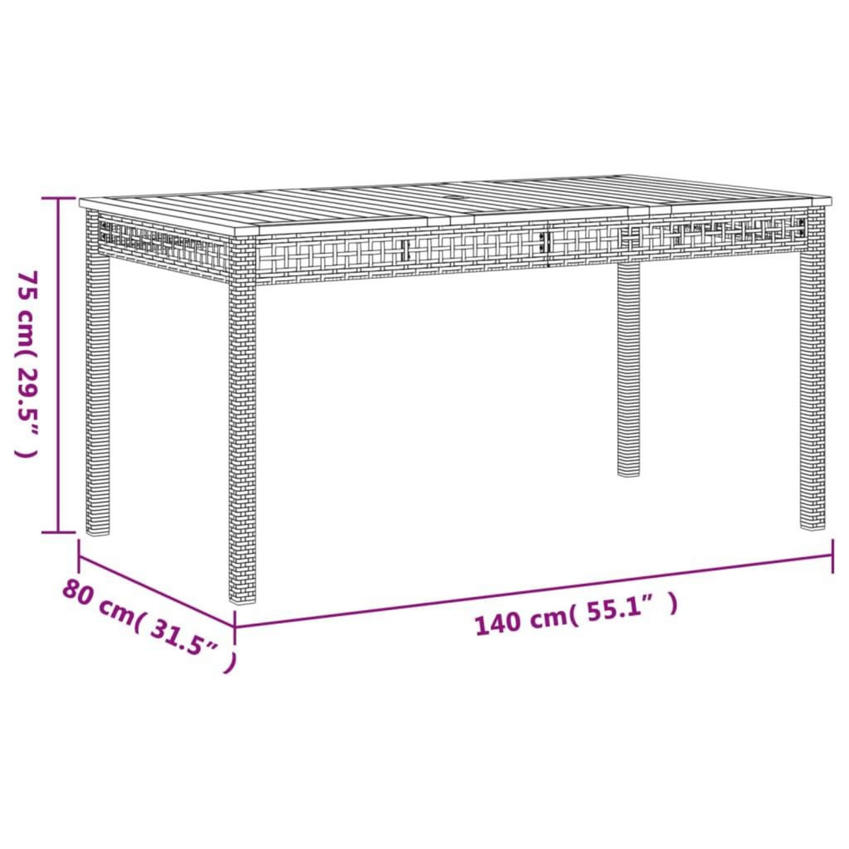VIDAXL Table de jardin gris 140x80x75 cm resine tressee et bois acacia