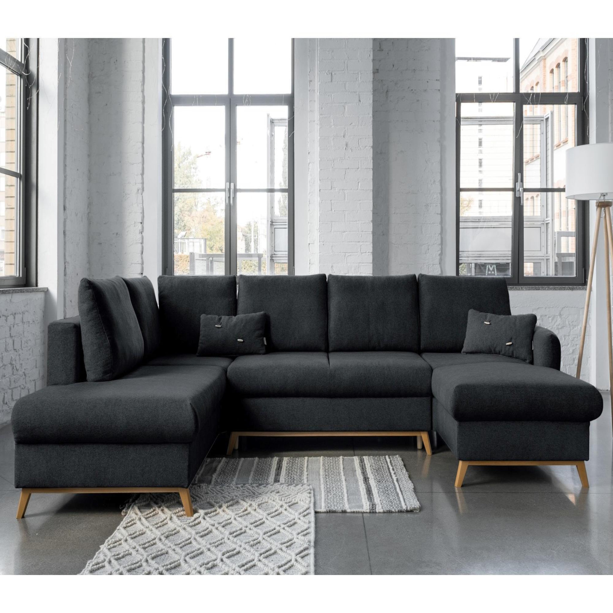 Voir la diapositive 2 : BEST MOBILIER Lagom - canapé d'angle panoramique - convertible - avec coffre - en tissu - 7 places - gauche