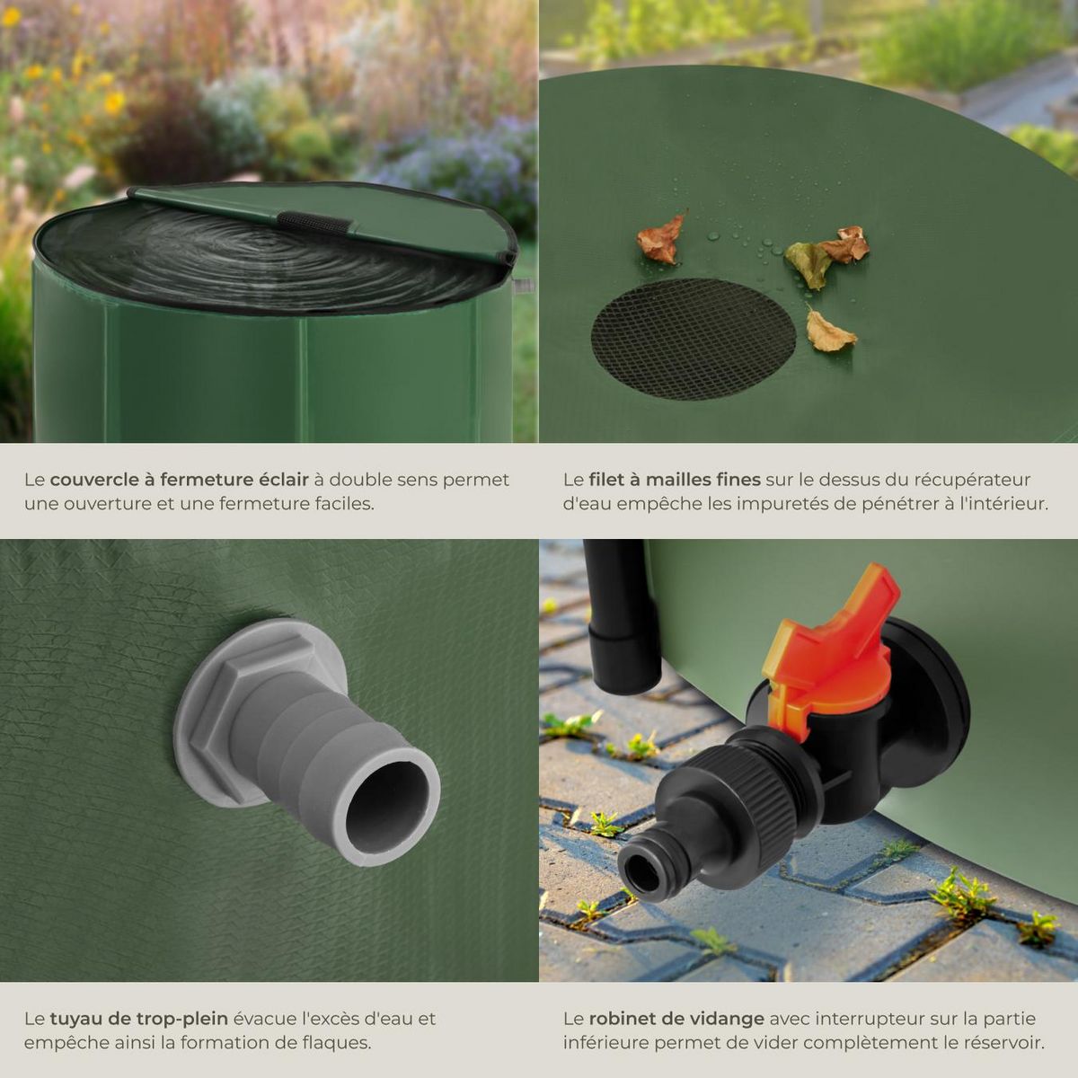 tectake Tonneau récupérateur d'eau de pluie avec robinet et protection anti-débordement vert 750 L
