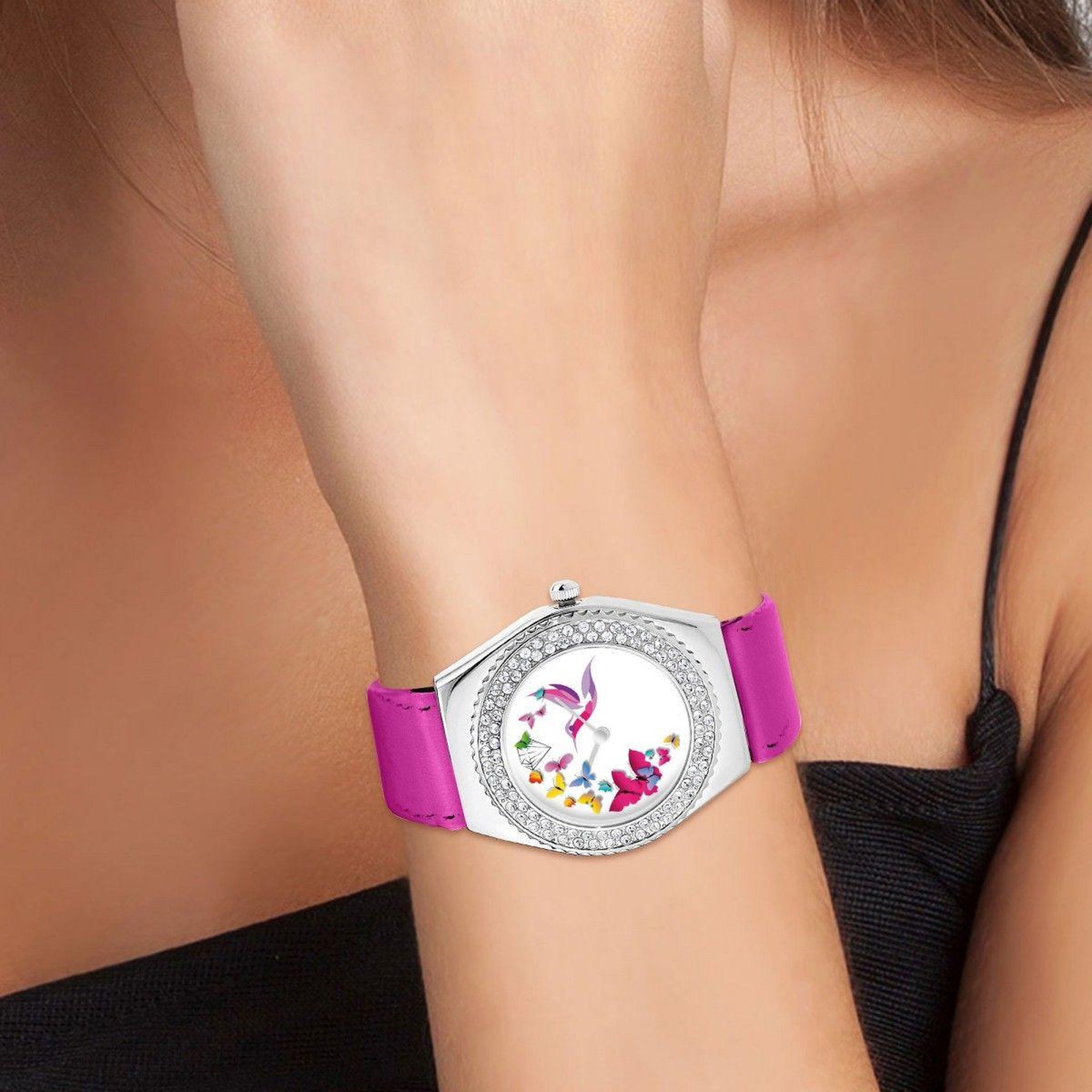 Voir la diapositive 2 : SC CRYSTAL Montre Alysson papillons à mouvement tournant SC Crystal ornée de Cristaux scintillants