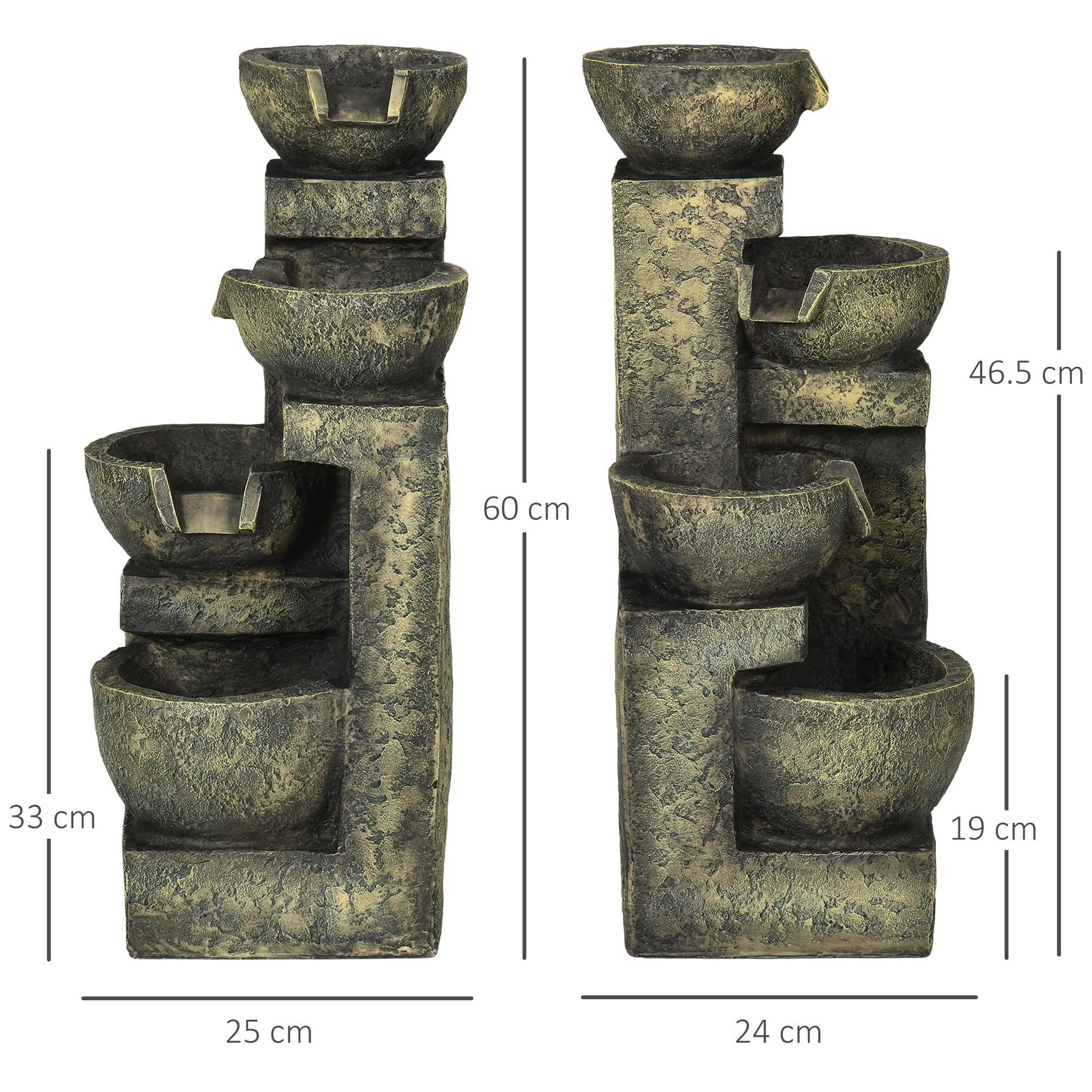 Voir la diapositive 3 : OUTSUNNY Fontaine de jardin cascade 4 pots débit réglable pompe à eau submersible incluse résine noir bronze vieilli