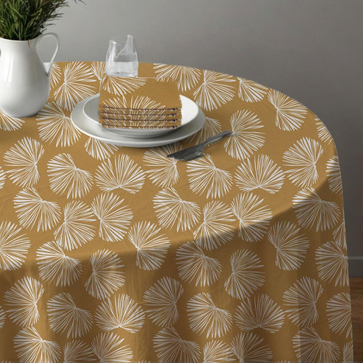 FUTURE HOME Lot nappe ronde + 4 serviettes de table déperlante champêtre 180x180cm VIRGINIE