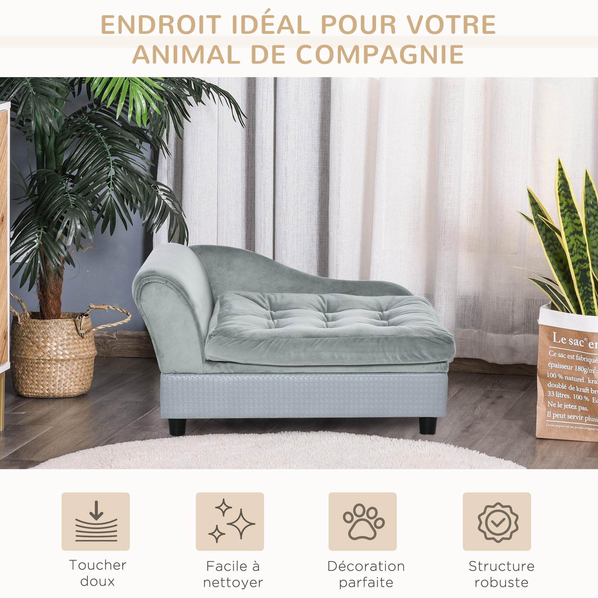 Voir la diapositive 5 : PAWHUT Canapé chien chat sur pied avec coffre de rangement style moderne coussin d'assise amovible grand confort 76 x 45 x 41,5 cm bleu