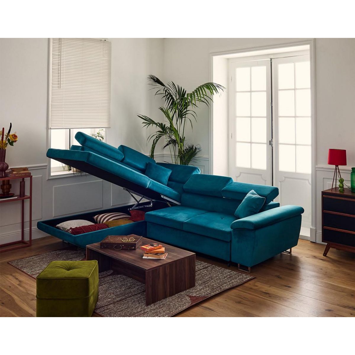 BEST MOBILIER Dimas - canapé d'angle gauche 5 places - convertible avec coffre et têtières réglables - en velours