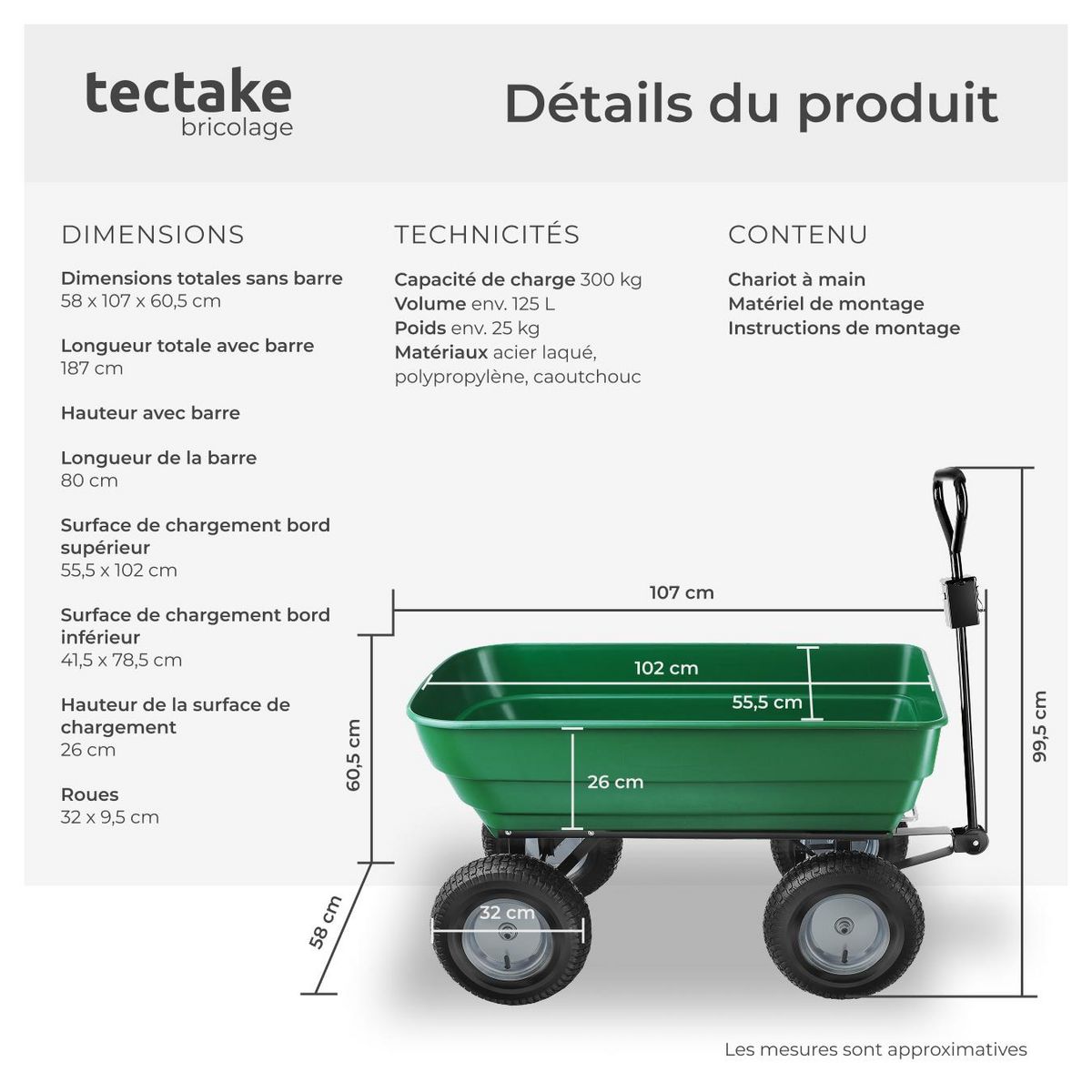 tectake Chariot de jardin et de transport avec fonction d'inclinaison vert