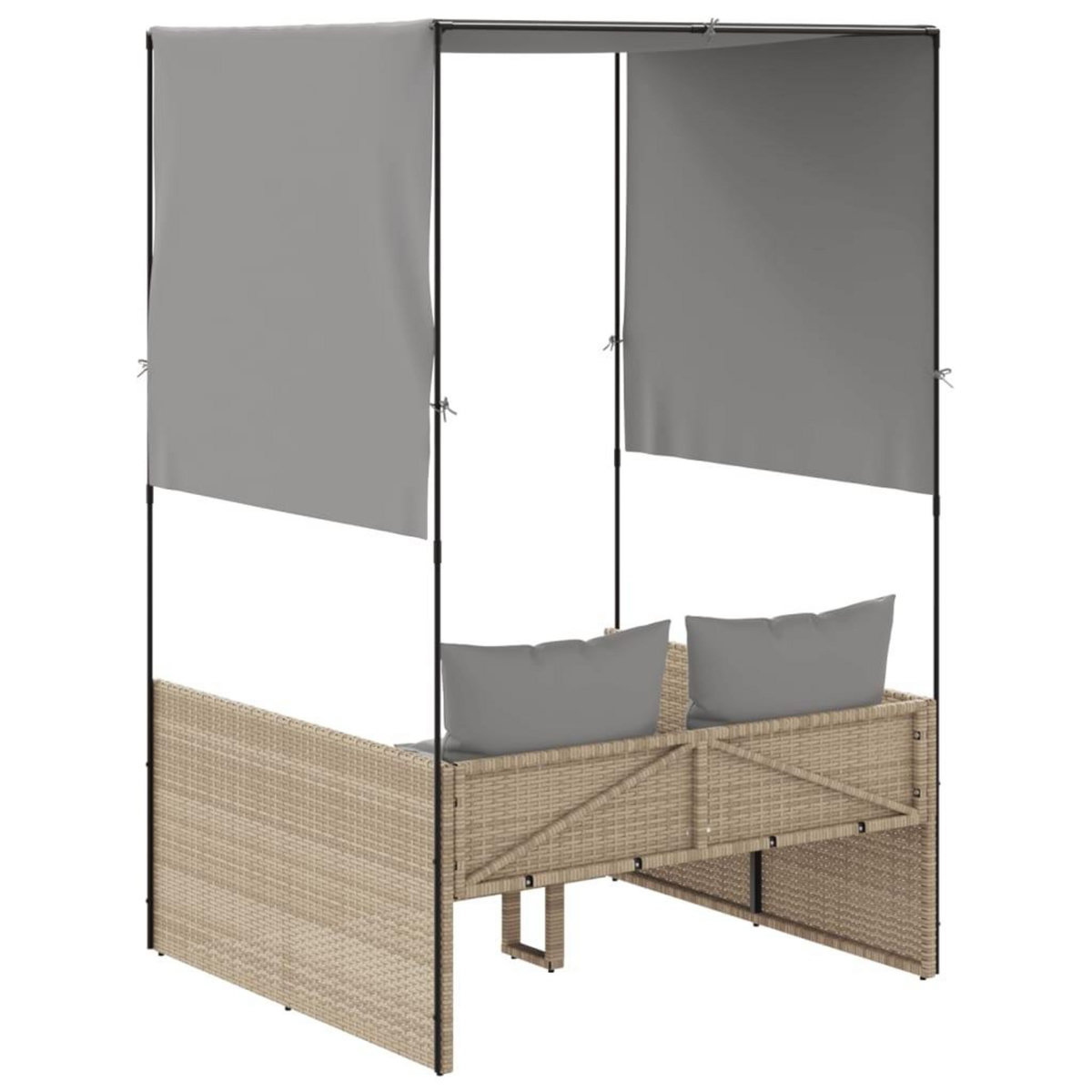 VIDAXL Chaise longue double avec toit et rideaux beige resine tressee