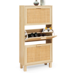 ID MARKET Meuble à chaussures 18 paires vintage ELIN 3 portes effet naturel cannage