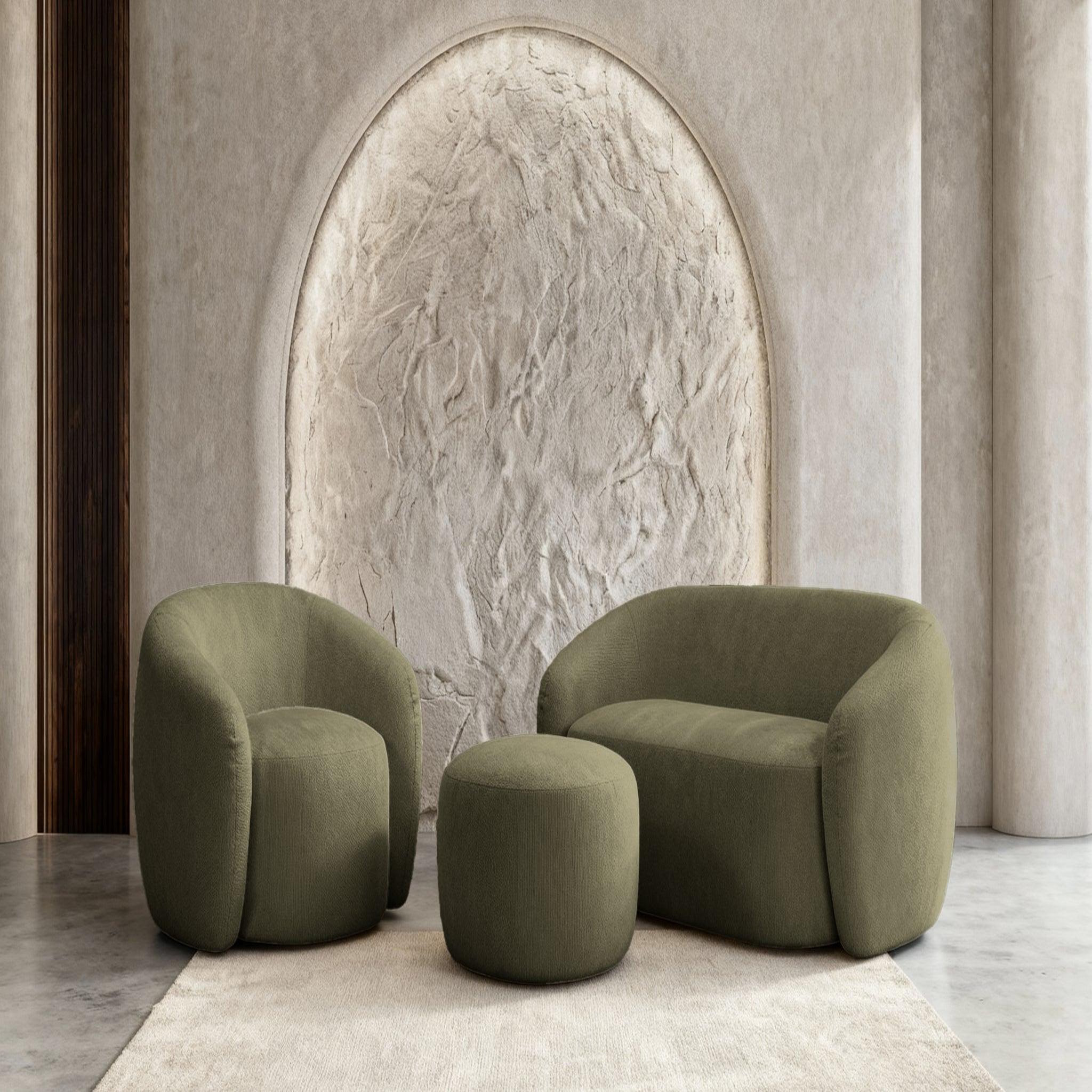 Voir la diapositive 2 : CASANOVA PARIS Aurelie - pack canapé droit 2 places + fauteuil + pouf tissu