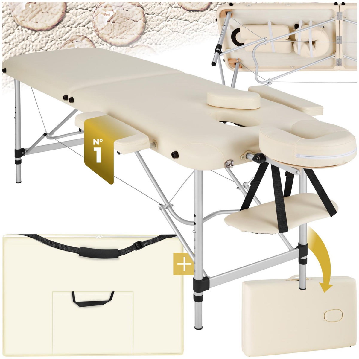 tectake Table de massage portable pliante 2 zones avec sac de transport inclus beige