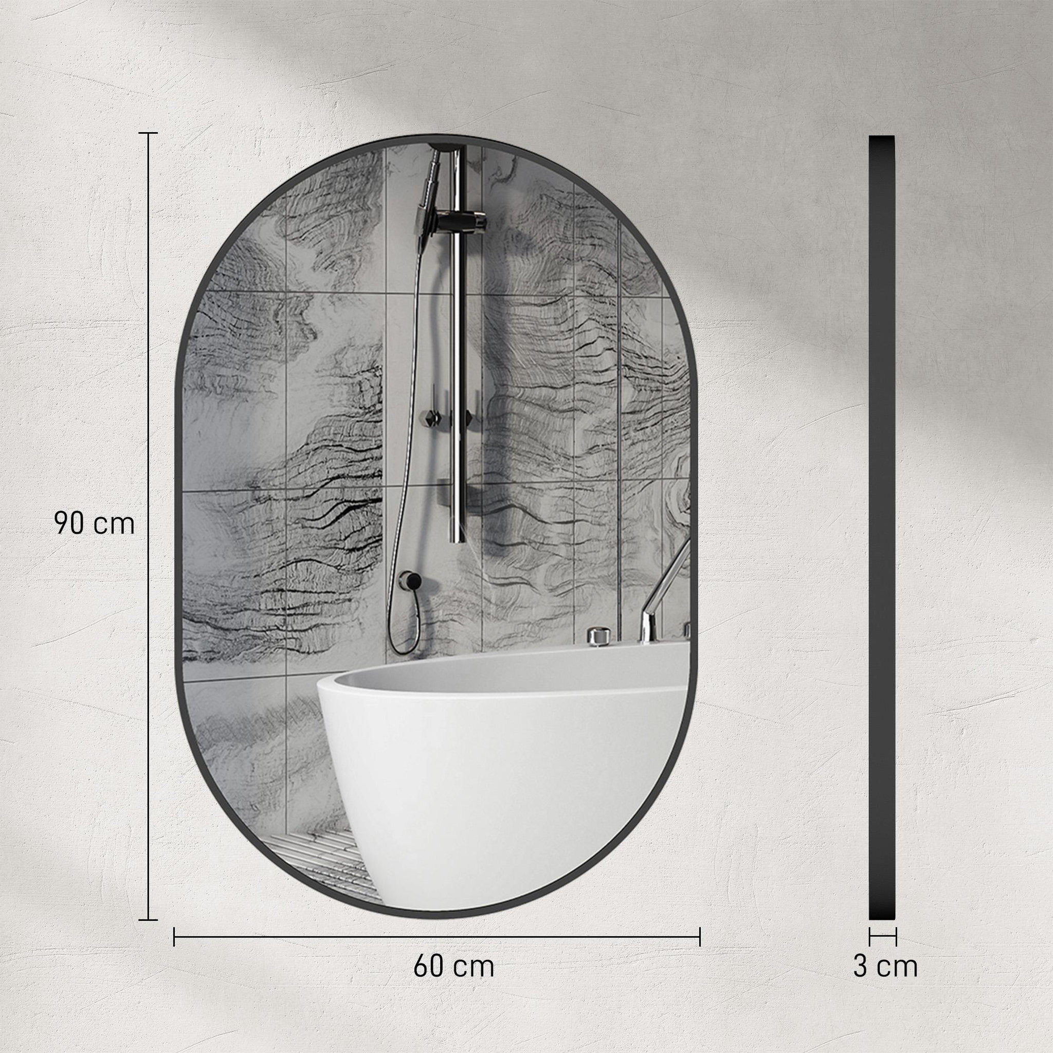Voir la diapositive 3 : HOMCOM Miroir mural ovale dim. 60L x 90H cm cadre arrondi montage vertical/horizontal alu. noir