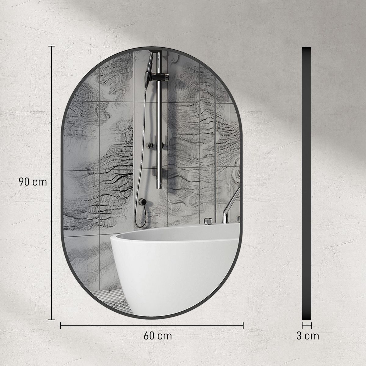 HOMCOM Miroir mural ovale dim. 60L x 90H cm cadre arrondi montage vertical/horizontal alu. noir