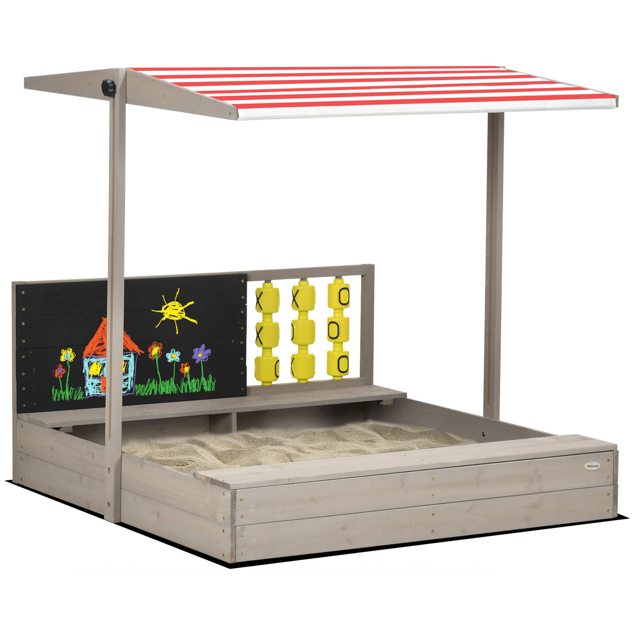 Voir la diapositive 1 : OUTSUNNY Bac à sable bois carré dim. 1,18L x 1,13l x 1,10H m - hauteur, inclinaison toit réglable, refermable - tableau, jeu - bois sapin gris