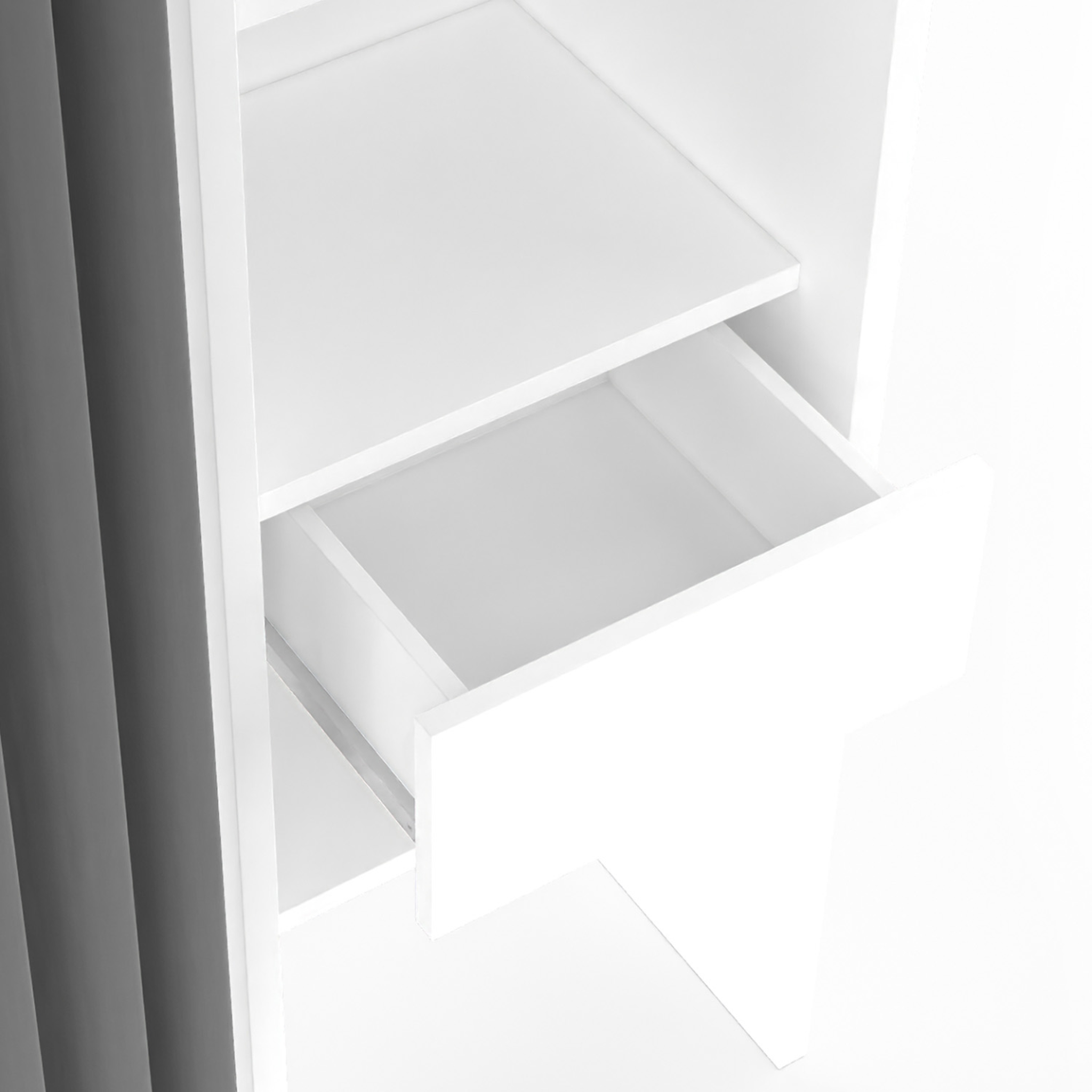 Voir la diapositive 5 : ID MARKET Dressing extensible double meryl 120/180 x 50 x 180 cm blanc avec étagères + double penderie + rideau gris