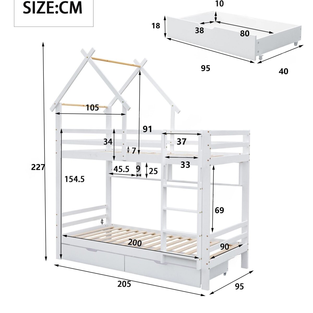 MERAX Lit superposé 90x200cm bois et mdf coloris blanc
