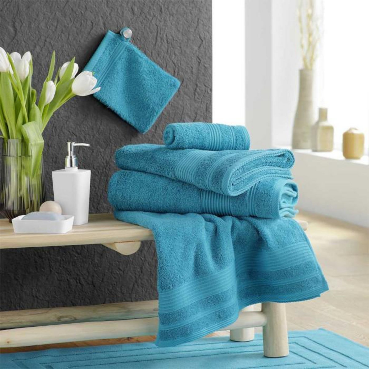 Paris Prix Lot de 2 Gants de Toilette  Tendresse  15x21cm Bleu Paon