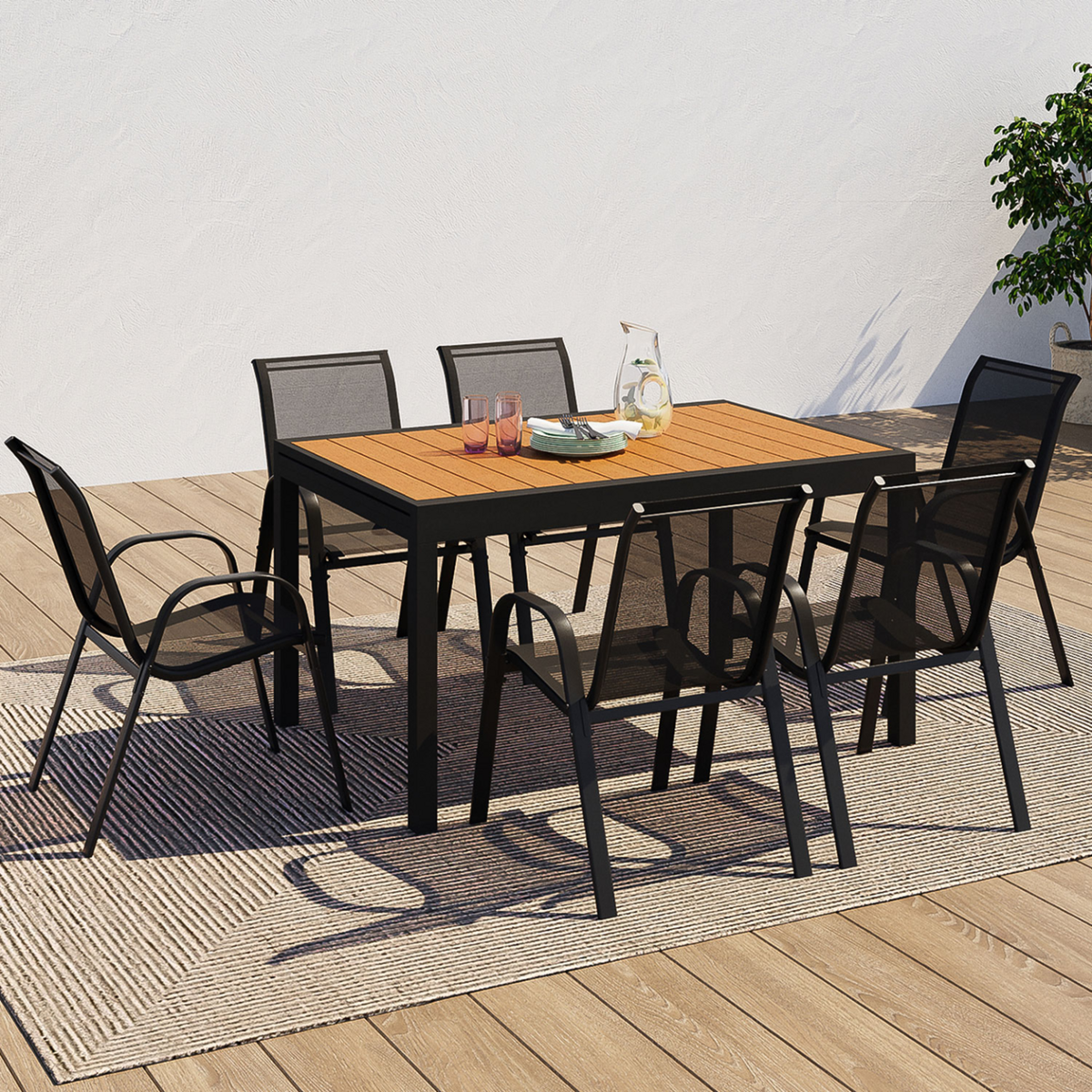 ID MARKET Salon de jardin POLY extensible table 135/270 cm et 12 chaises bois et noir