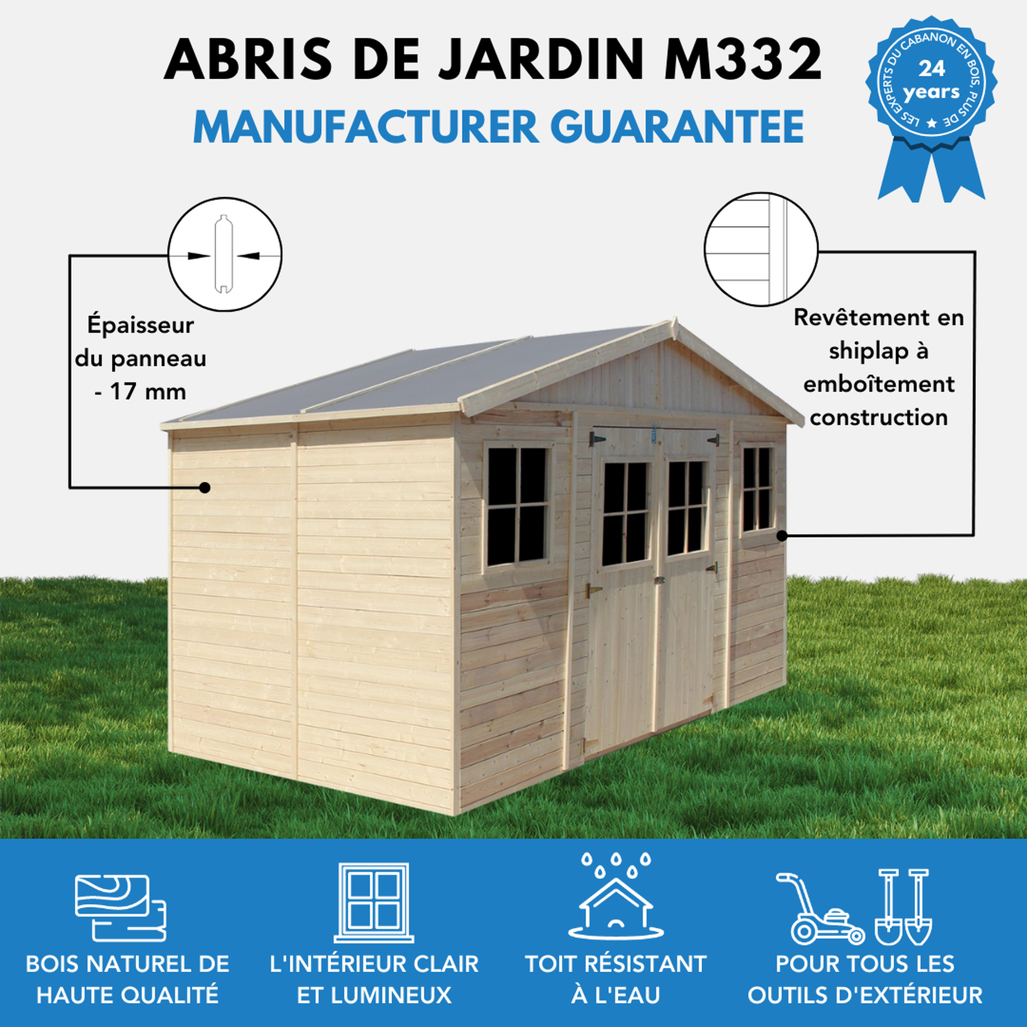 Voir la diapositive 6 : TIMBELA Abri de jardin en bois Exterieur avec plancher imprégné Construction de Panneaux M332+M332G