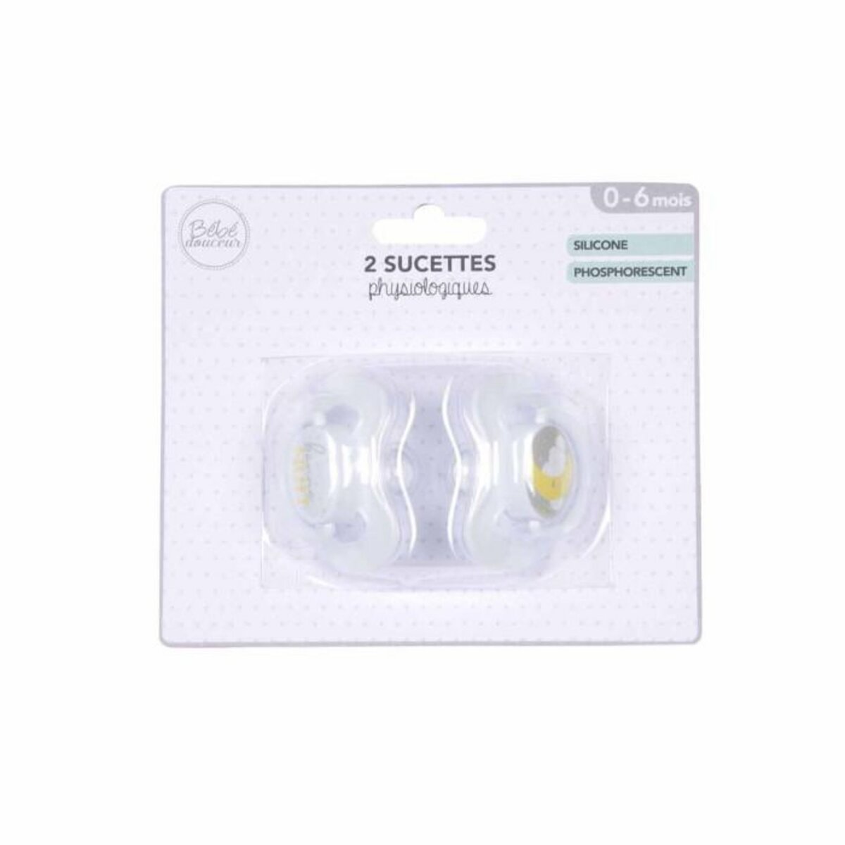 Paris Prix Lot de 2 Sucettes Phosphorescentes  Lune  0 à 6 Mois Blanc & Gris