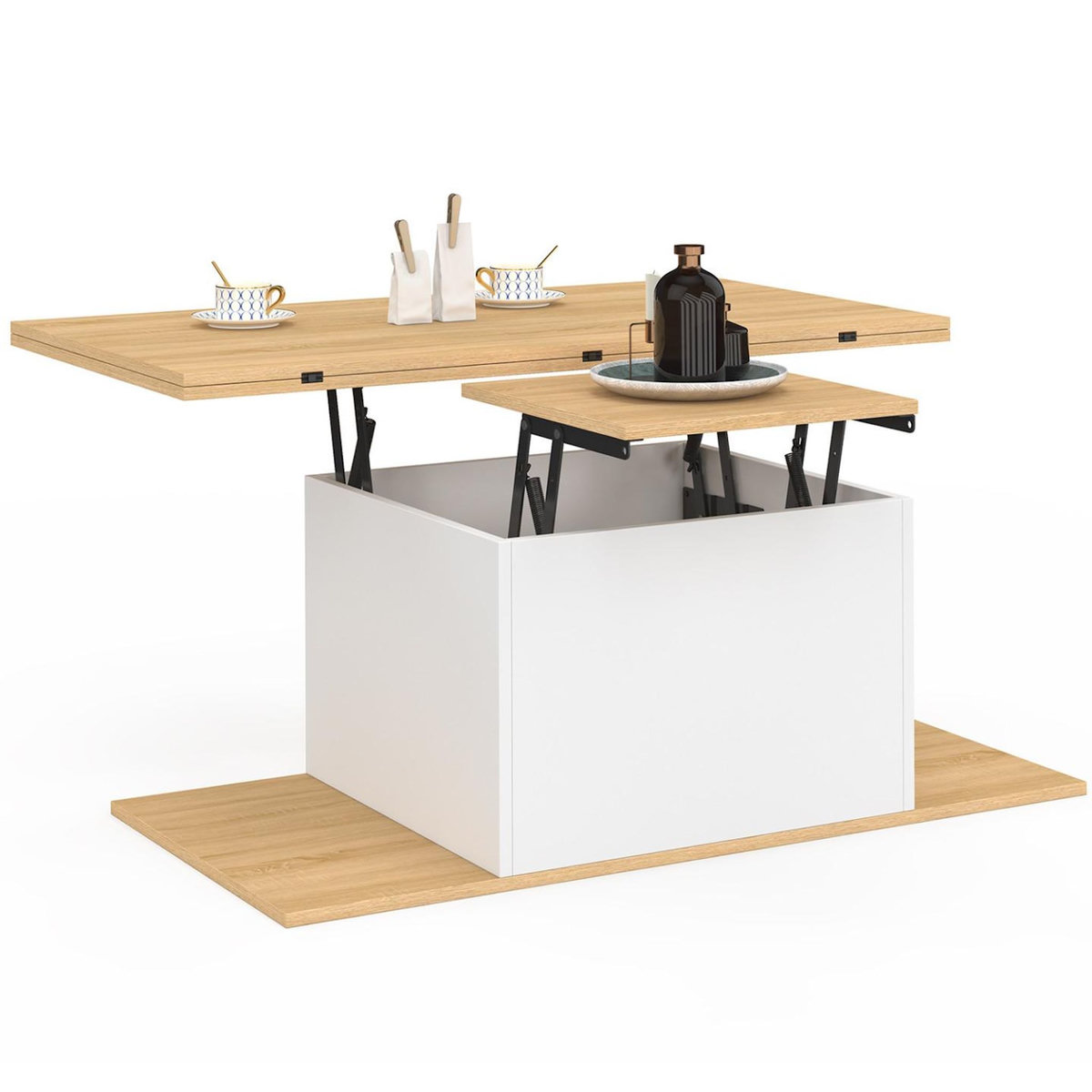 ID MARKET Table basse plateau relevable rectangulaire convertible en table à manger EDEN 100 cm bois et blanc avec poufs
