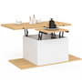 Voir la diapositive 4 : ID MARKET Table basse plateau relevable rectangulaire convertible en table à manger EDEN 100 cm bois et blanc avec poufs